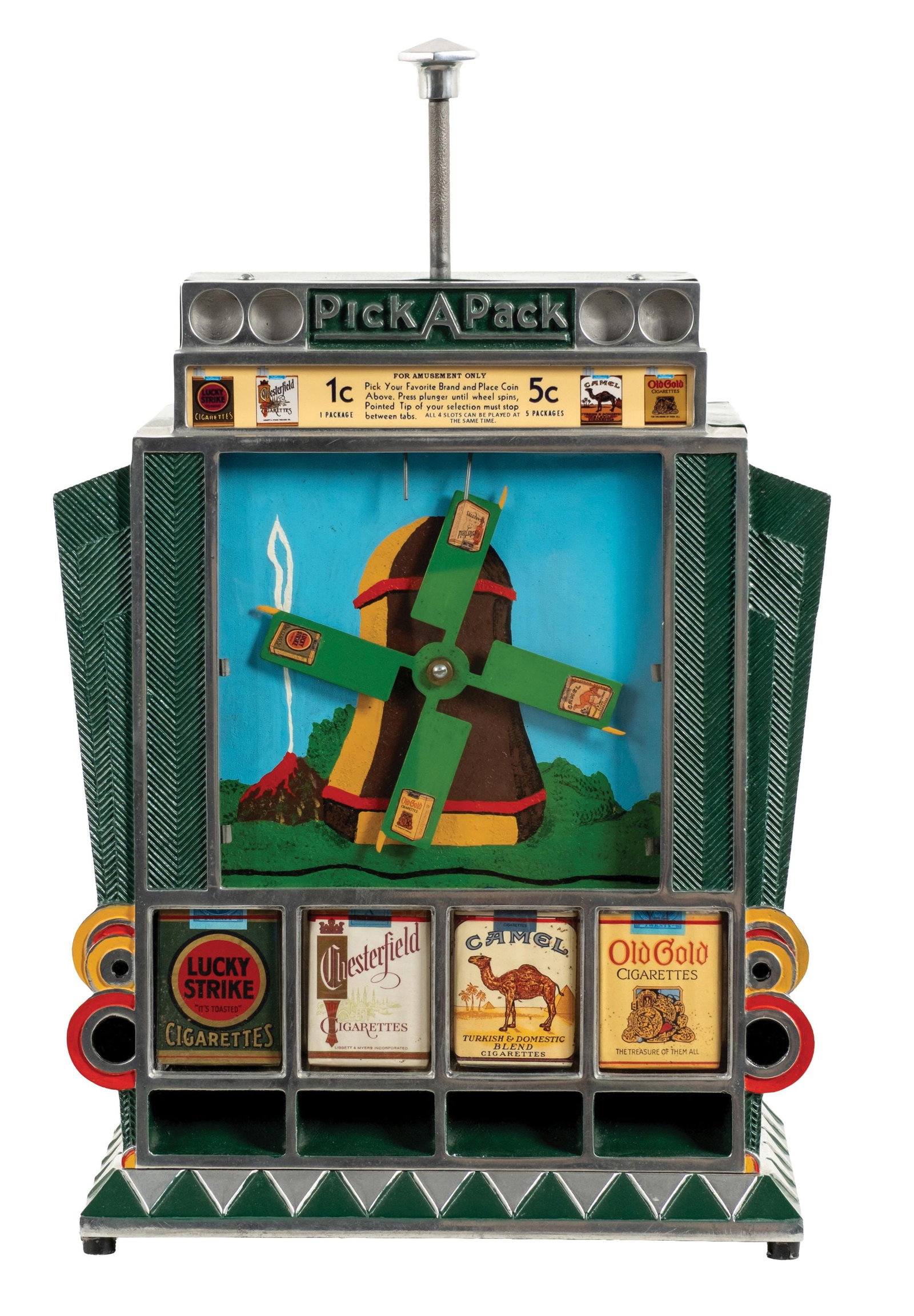1¢ "PICK-A-PACK" CIGARETTE-THEMED TRADE STIMULATOR: CONDITION: Showing a complete restoration with new green paint, new cigarette labeling, and a beautiful hand-painted interior, with original back door. Working perfectly, fully operational and from a 