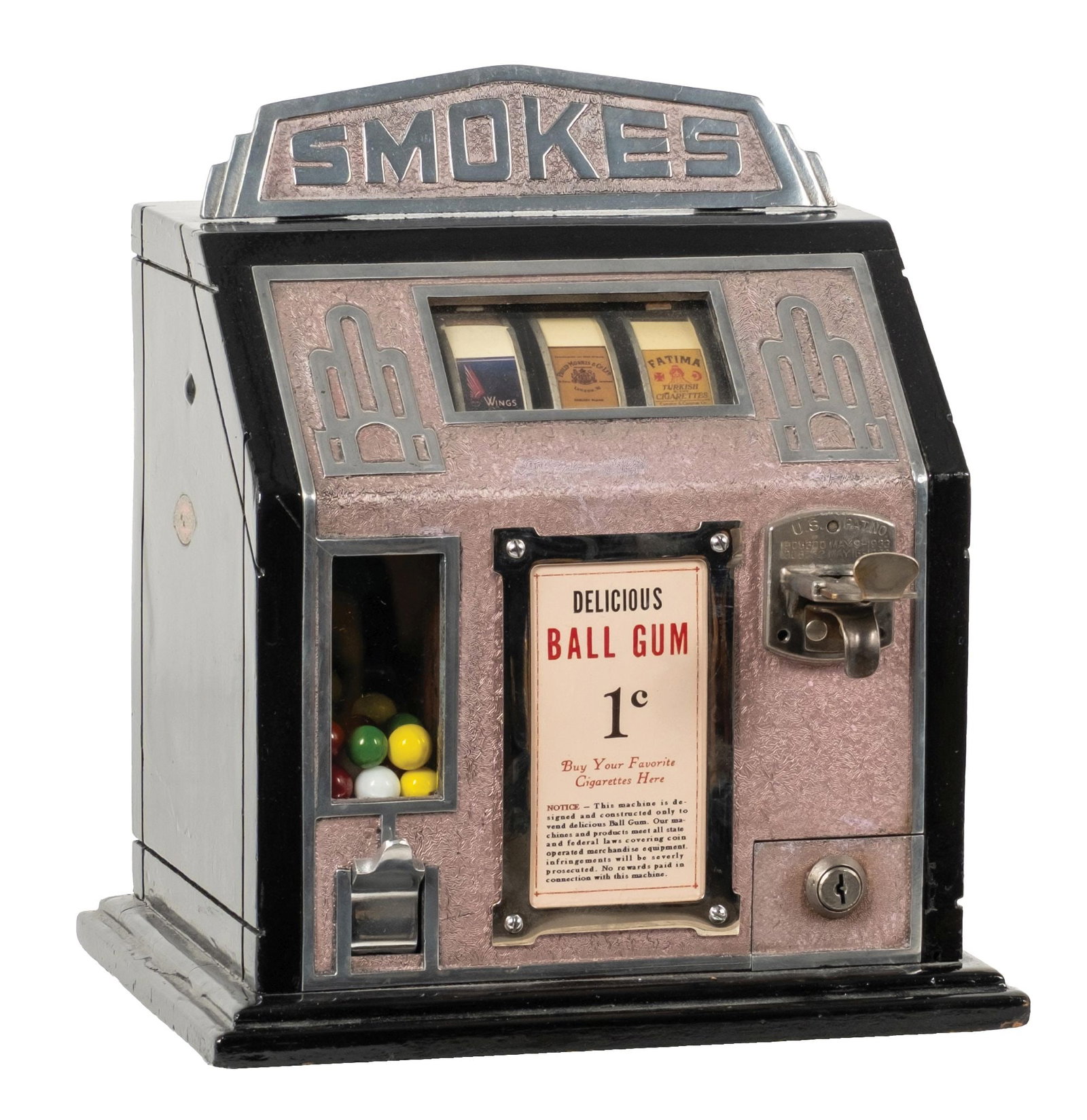 1¢ "SMOKES" CIGARETTE-THEMED TRADE STIMULATOR: CONDITION: Showing an older restoration to the wood cabinet with black paint, original top marquee, new reel strips, new award card, working gumball mechanism, and original back door. Working perfectl