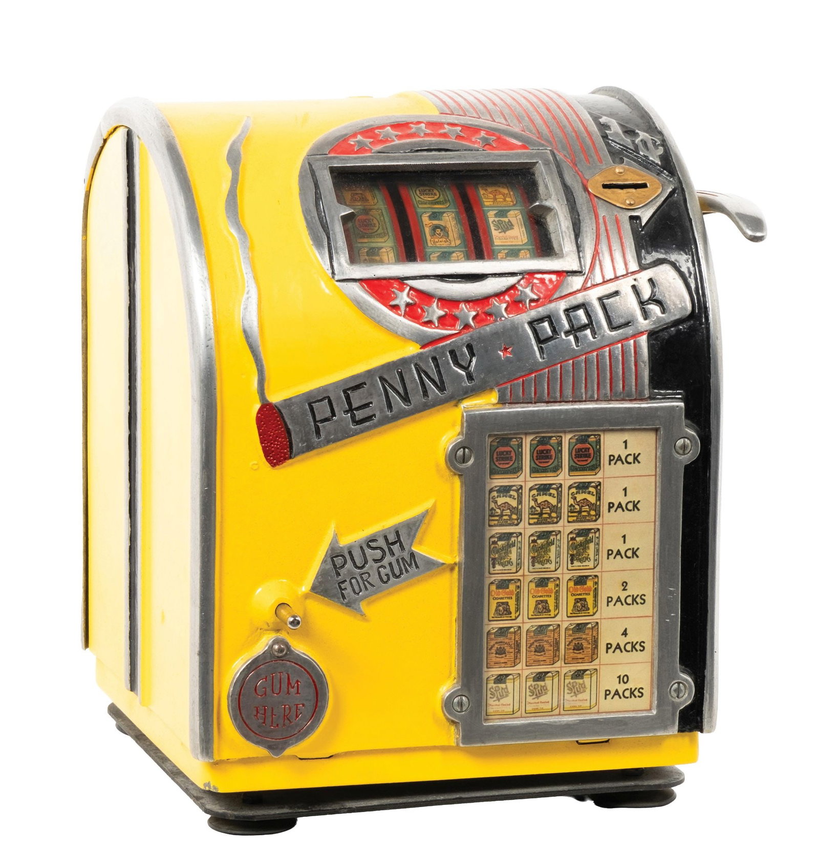 1¢ PENNY PACK TRADE STIMULATOR: CONDITION: Showing an older repaint to the cabinet, with original reel strips and award card, working gumball mechanism, and correct back door. Working perfectly. Condition: (Very Good). Dimensions: 1