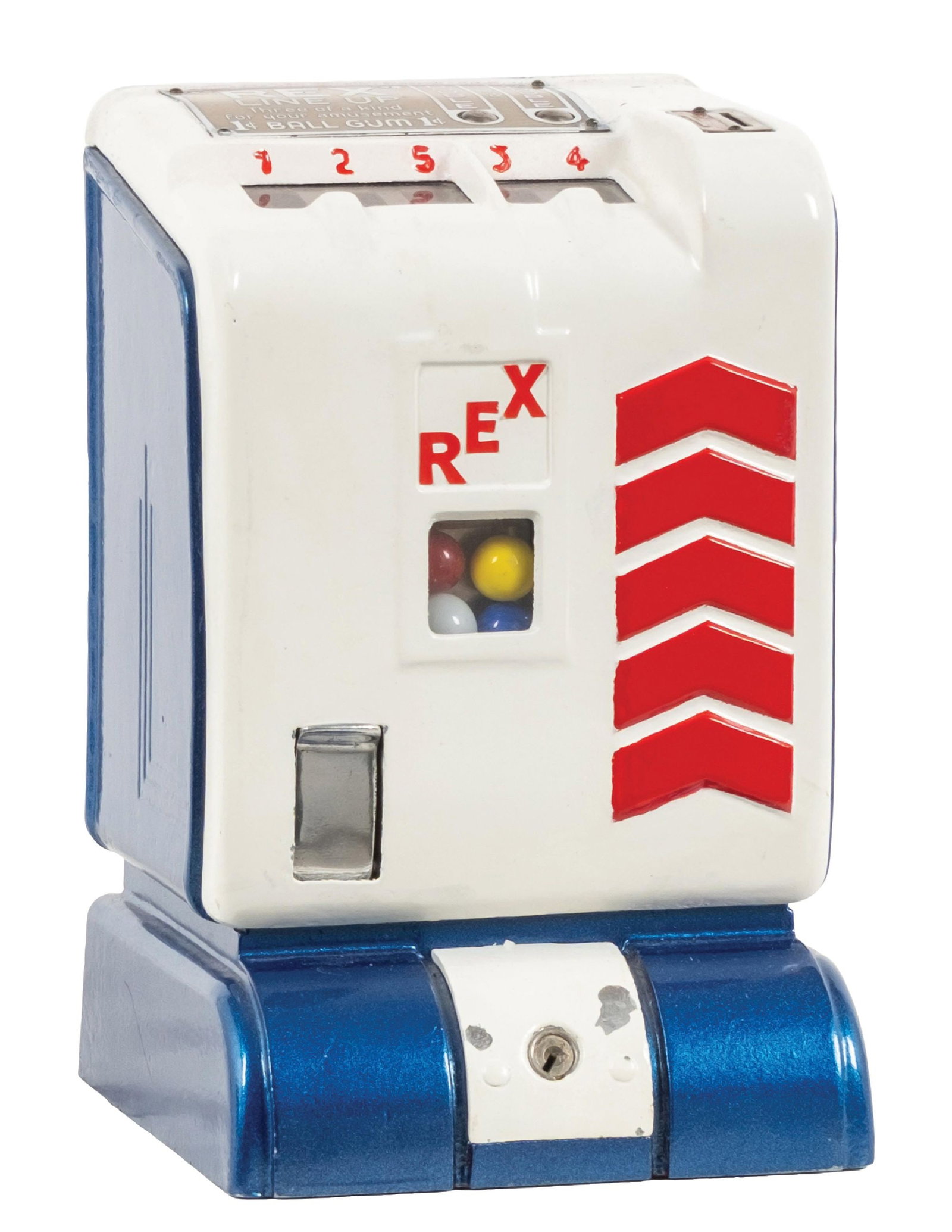 1¢ "REX" CIGARETTE-THEMED LINE UP TRADE STIMULATOR: CONDITION: Showing a restoration to the exterior cabinet, with original reel strips, working gumball mechanism, and correct back door. Condition: (Very Good). Dimensions: 6" X 5 - 3/4" X 9"