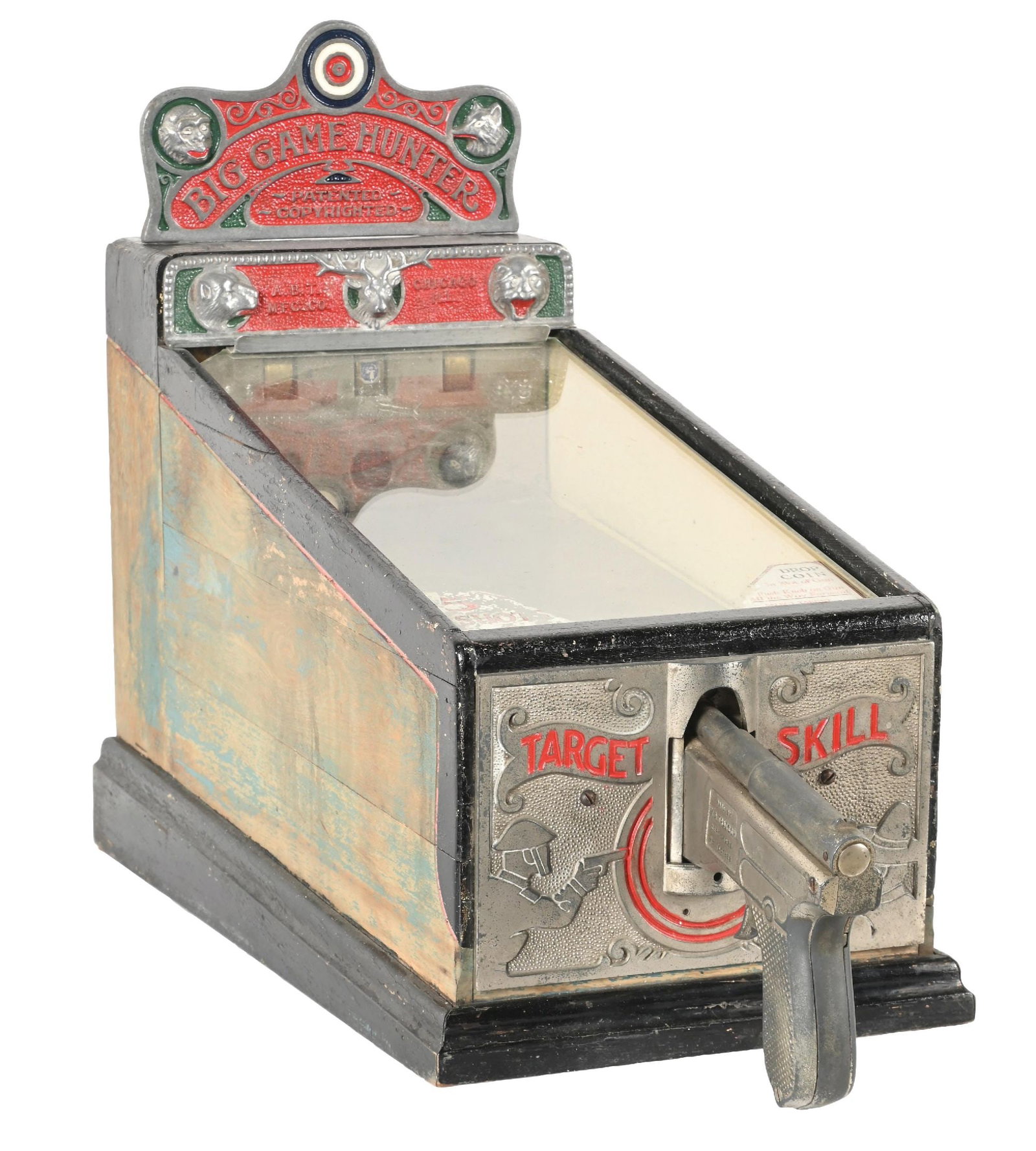 1¢ A.B.T. MFG. CORP. BIG GAME HUNTER TARGET SKILL GAME: C. 1927. CONDITION: It shows an all original target practice game in an oak case. It has the original castings, marquee, backdoor, front decals and pistol. Fully operational. Condition: Dimensions: 10