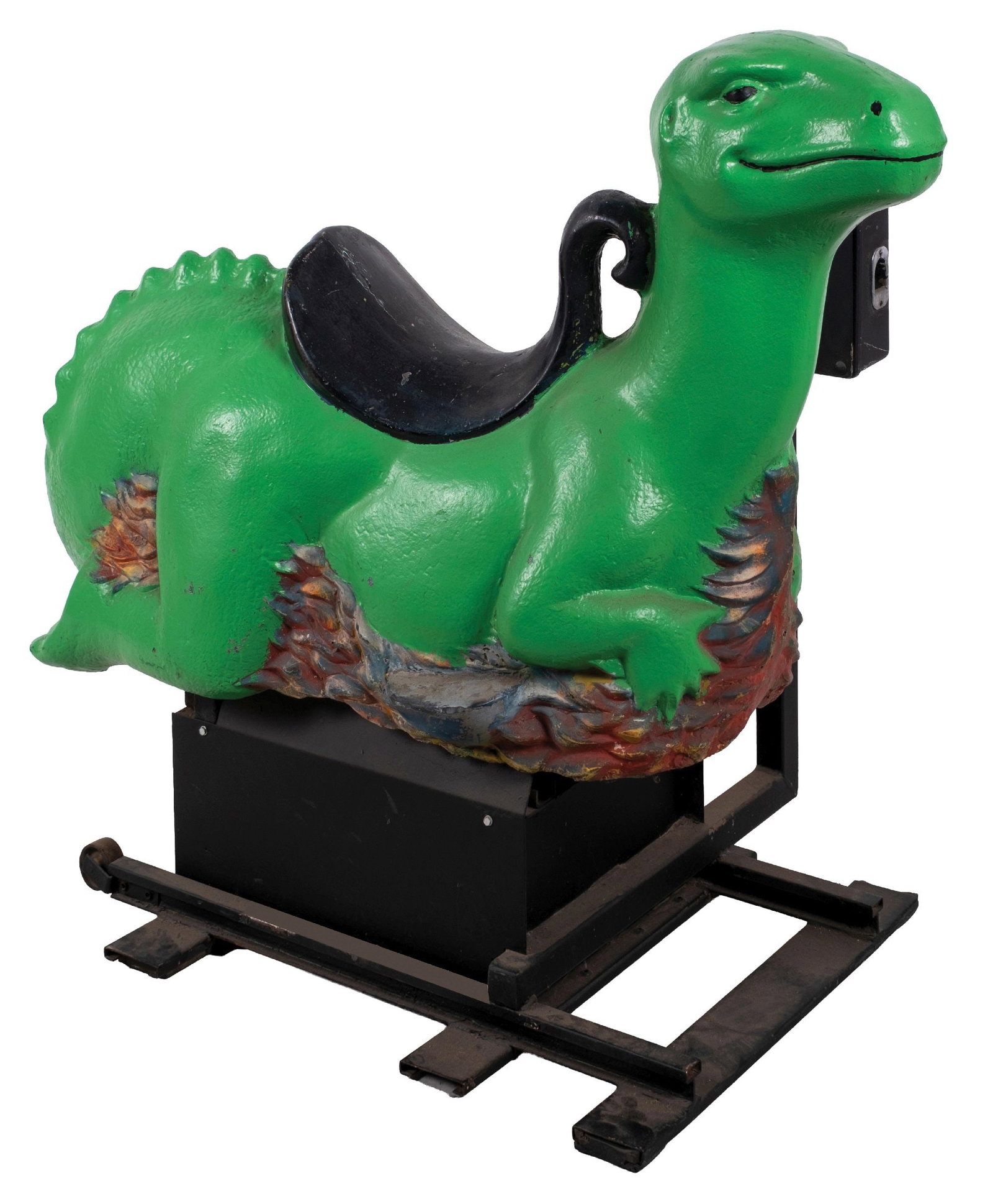 VINTAGE COIN-OPERATED DINOSAUR KIDDIE RIDE: CONDITION: Shows original paint. An all original ride with original base, with coin-operated box with no interior work. Will require restoration to operate. Condition: (Fair - Good). Dimensions: 44" X