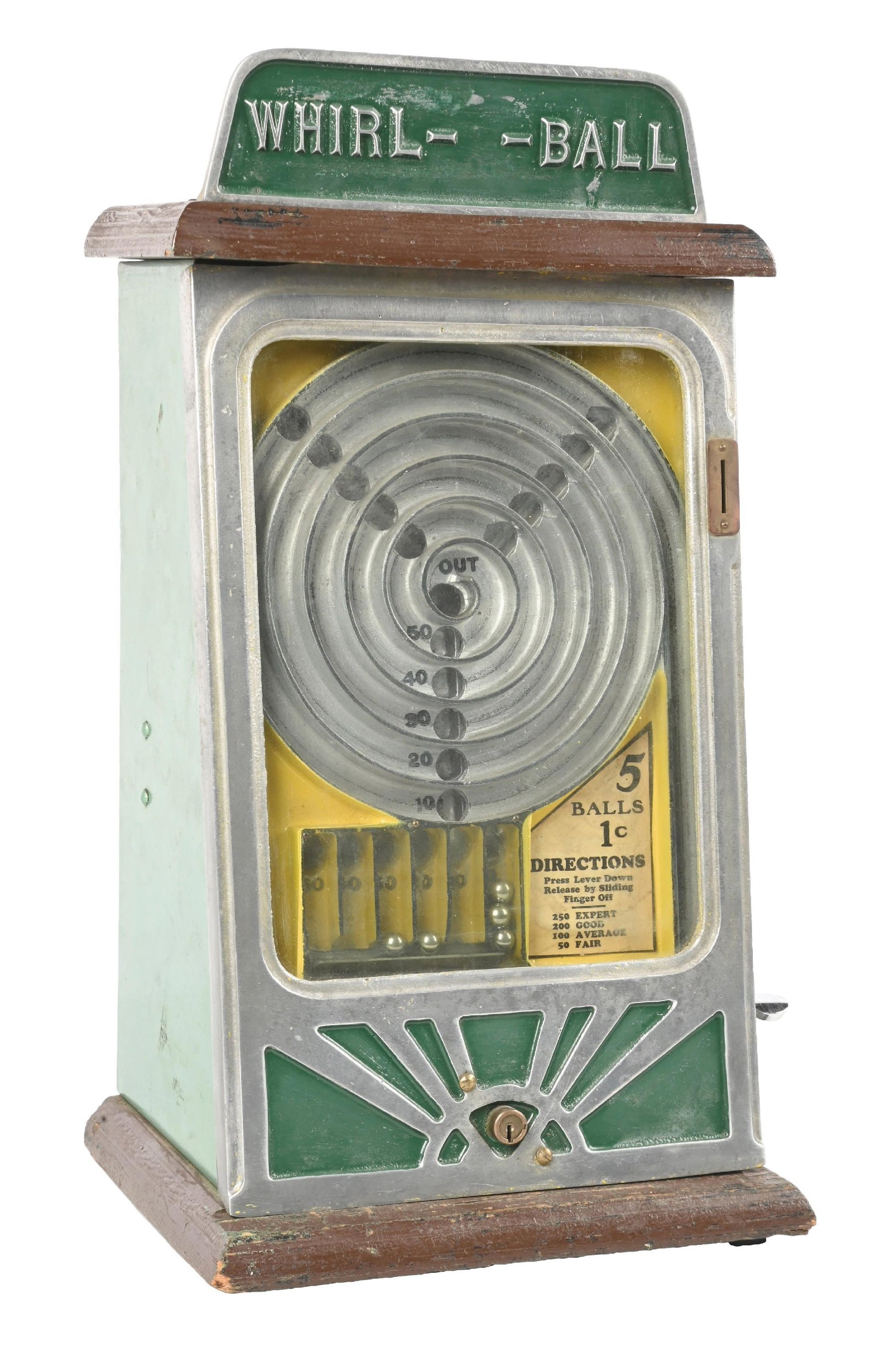1¢ PEO WHIRL-BALL COUNTERTOP SKILL MACHINE: C: 1930. CONDITION: Showing an old repaint to the body and marquee. Original playfield in bright color, original play balls and keys. Moderate wear overall. Condition: (Good). Dimensions: 9 - 1/4" x 7