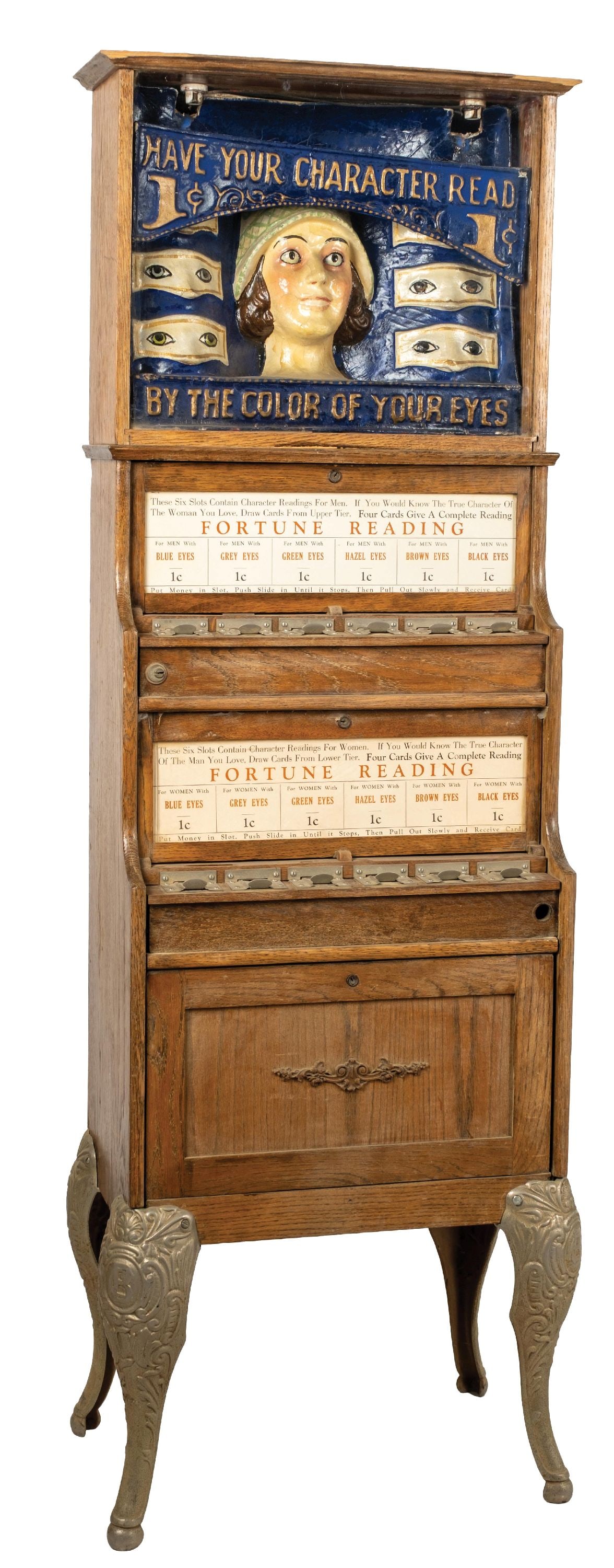 EARLY MILLS NOVELTY CO. FORTUNE CARD ARCADE MACHINE: CONDITION: Showing the original paper mache character at the top, with an older restoration, needing a little bit of repair to put back in place. All original oak cabinetry with original legs, with re