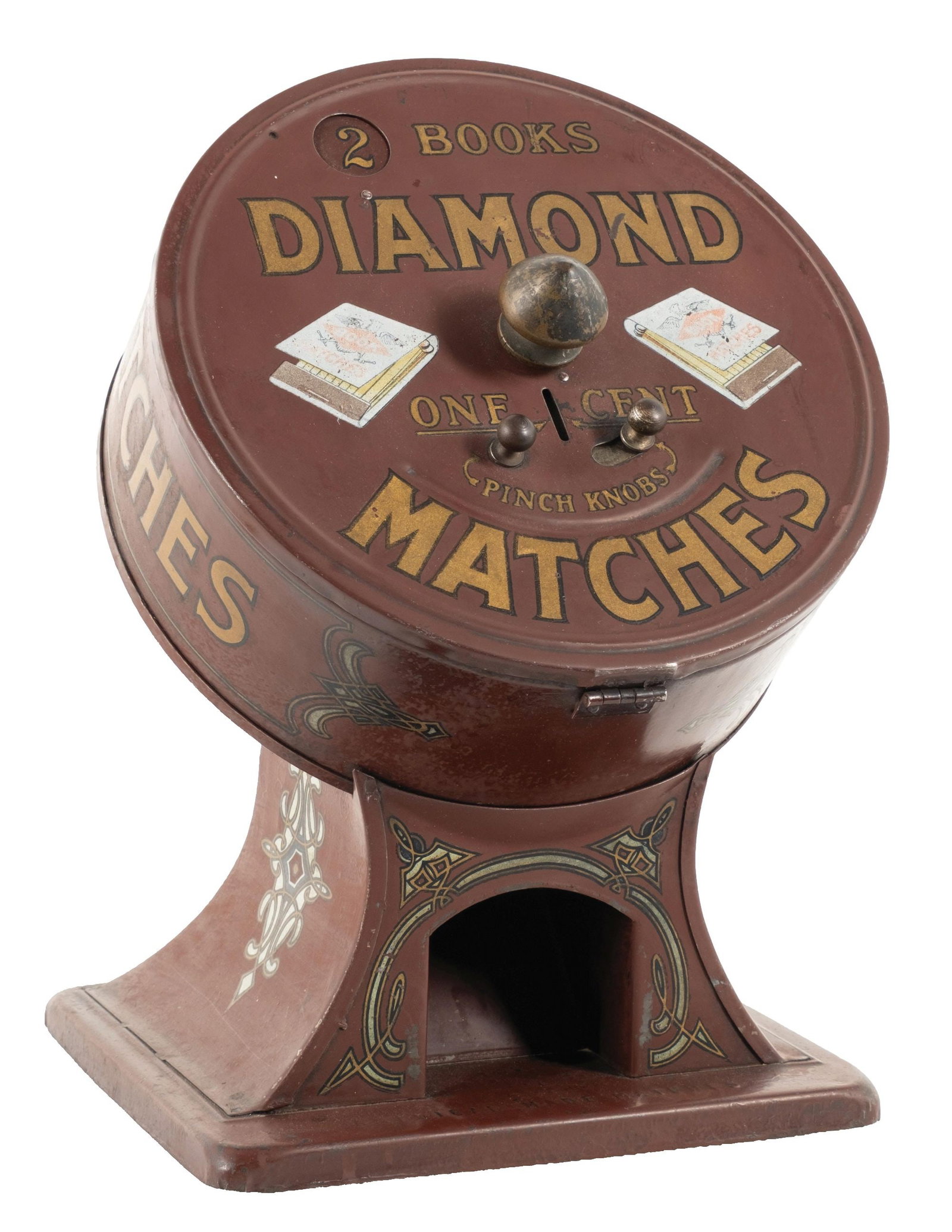 DIAMOND MATCH VENDING MACHINE: CONDITION: Showing an all original machine with original paint and stenciling, with light scuff marks and scratches, some areas of oxidation, and fully working mechanism. Condition: (Very Good). Dimen