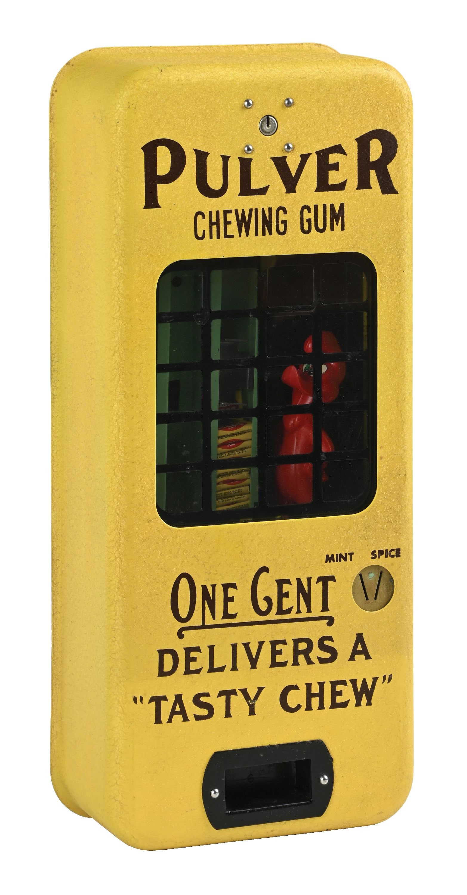 1¢ YELLOW PORCELAIN WOODPECKER PULVER VENDING MACHINE W/ ORIGINAL BOX: CONDITION: Showing an older NOS yellow painted Pulver with original Woody Woodpecker figure. Light overzealous wear. Original paint to the mech, keys and operational. Comes with the original box. Cond