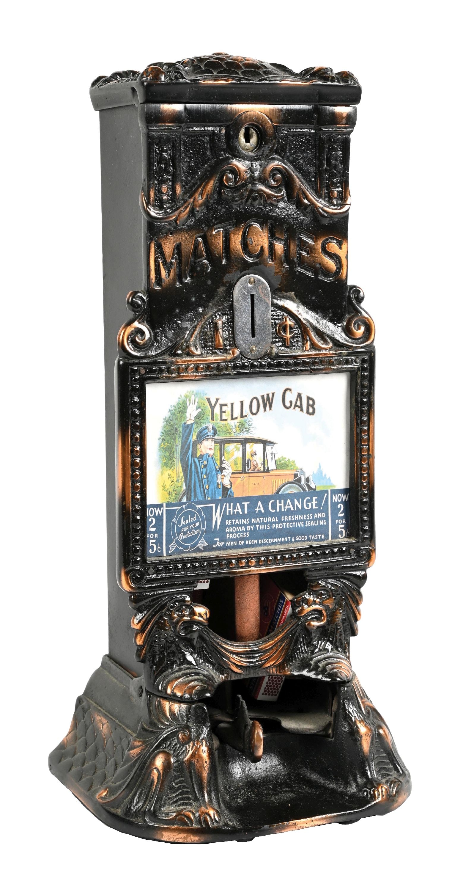KREMA MFG. CO. ONE CENT ADVERTISER MATCH VENDING MACHINE AND YELLOW CAB CHANGE DISPENSER (1 of 4)