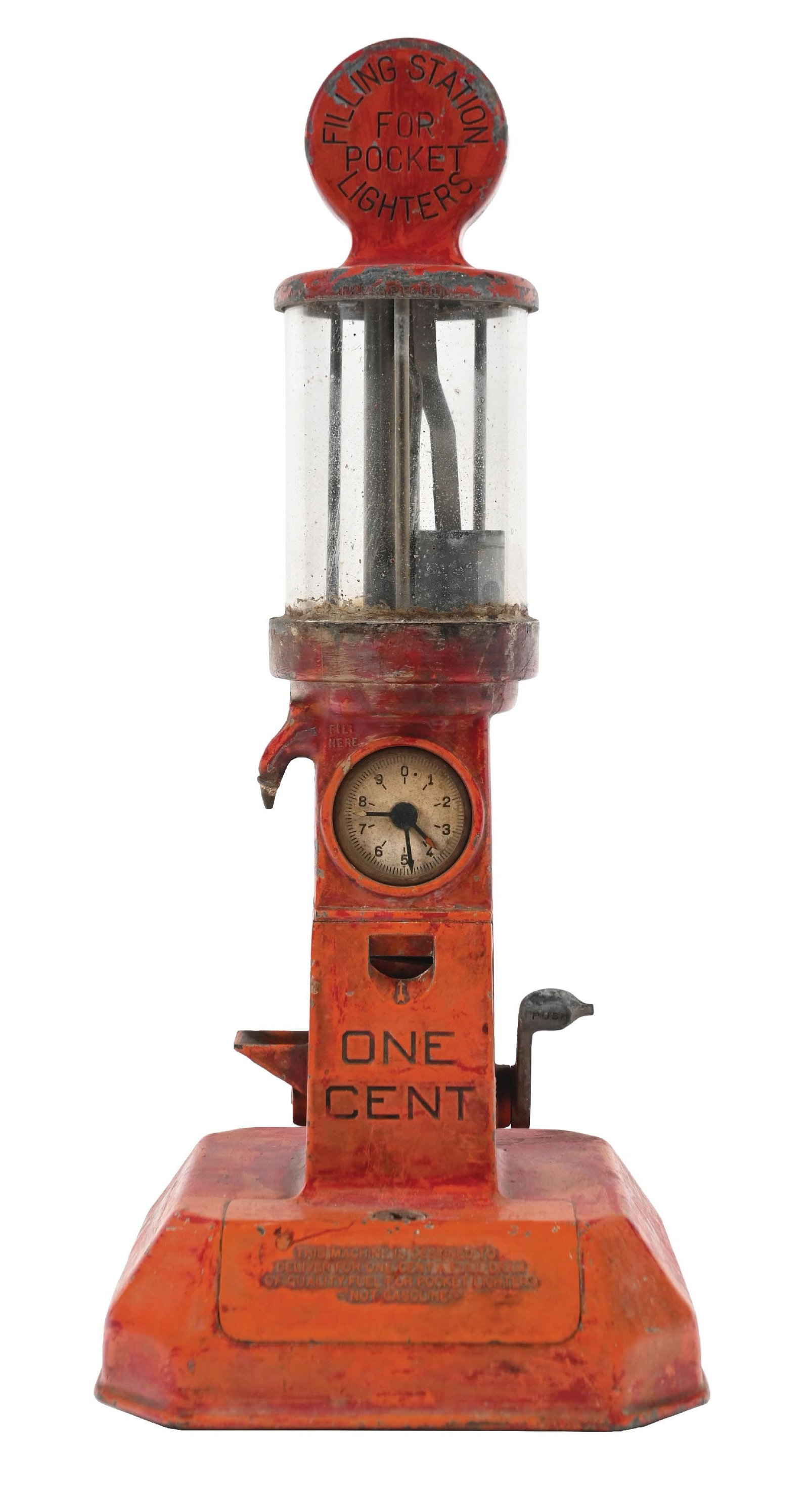 1¢ MYSTERY #1 POCKET LIGHTER FUEL FILLING STATION: C. 1930. CONDITION: It shows original paint, clock dial globe and coin door. There are areas of paint loss, scuffs and scrapes to the original paint. There are areas of oxidation to the internal metal
