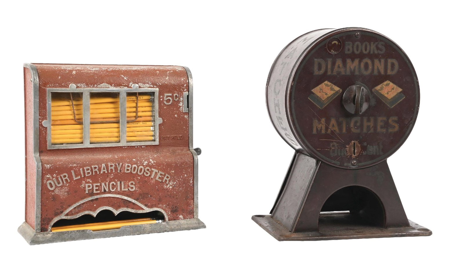 PAIR OF COIN-OPERATED VENDING MACHINES: CONDITION: (A) Library Booster 5¢ Pencil vending machine in cast aluminum and original paint, showing areas of paint loss, scuffs, and scrapes. Comes with an assortment of pencils. Operational. G