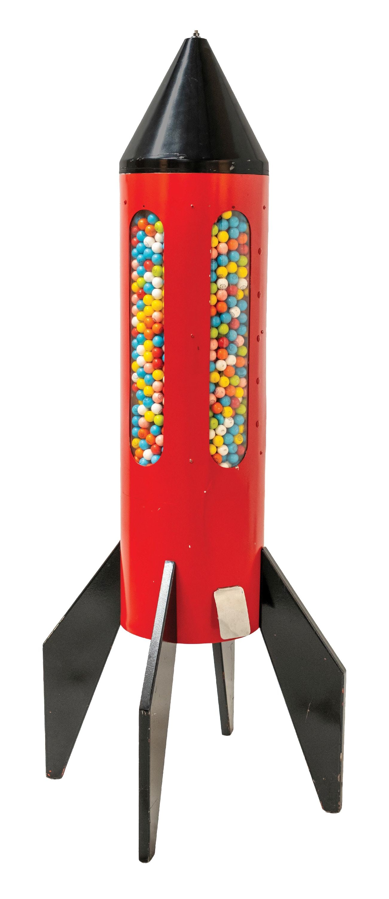 NORTHWESTERN MOON ROCKET SHELL W/ NO INTERNAL MECHANISM: CONDITION: An all original exterior with tin cylinder top, winged blades, and chute flap. No internal mechanism for operation. Filled with gumballs. New paint, with some areas of paint loss, scuffs, a