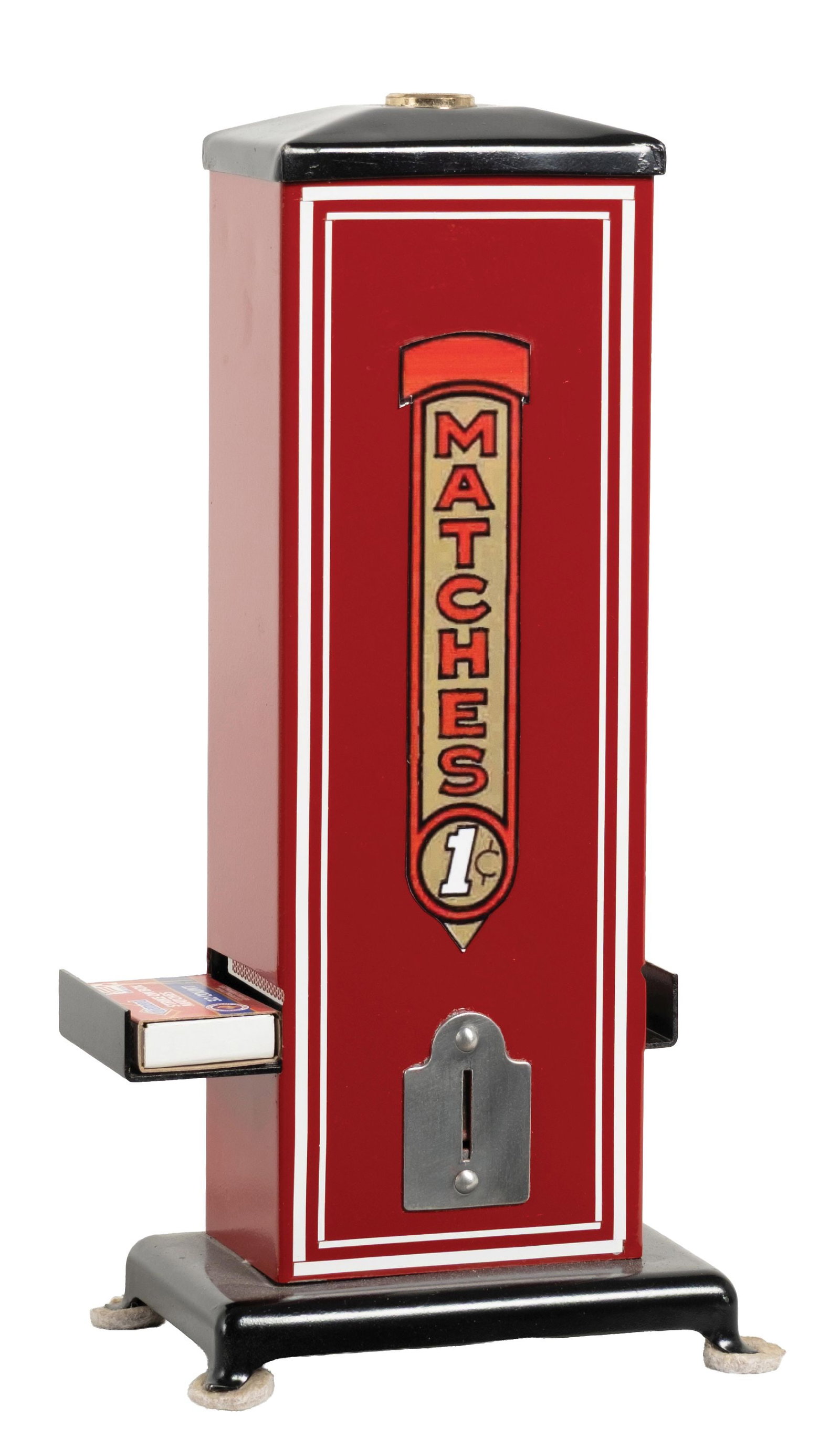 1¢ NORTHWESTERN BOXED MATCH VENDING MACHINE: CONDITION: Showing a complete restoration with new paint and full working mechanism. Condition: (Restored). Dimensions: 6 - 1/2" X 3 - 3/4" X 11 - 3/8"