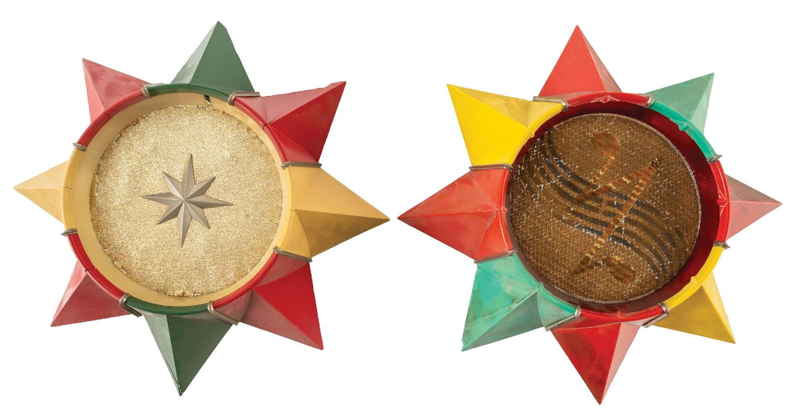PAIR OF WURLITZER STAR WALL SPEAKERS: CONDITION: Both speakers have not been tested for operation. (A) Complete Star wall fixture with several areas of stress cracks, complete interior, with one missing point to the one of the star points