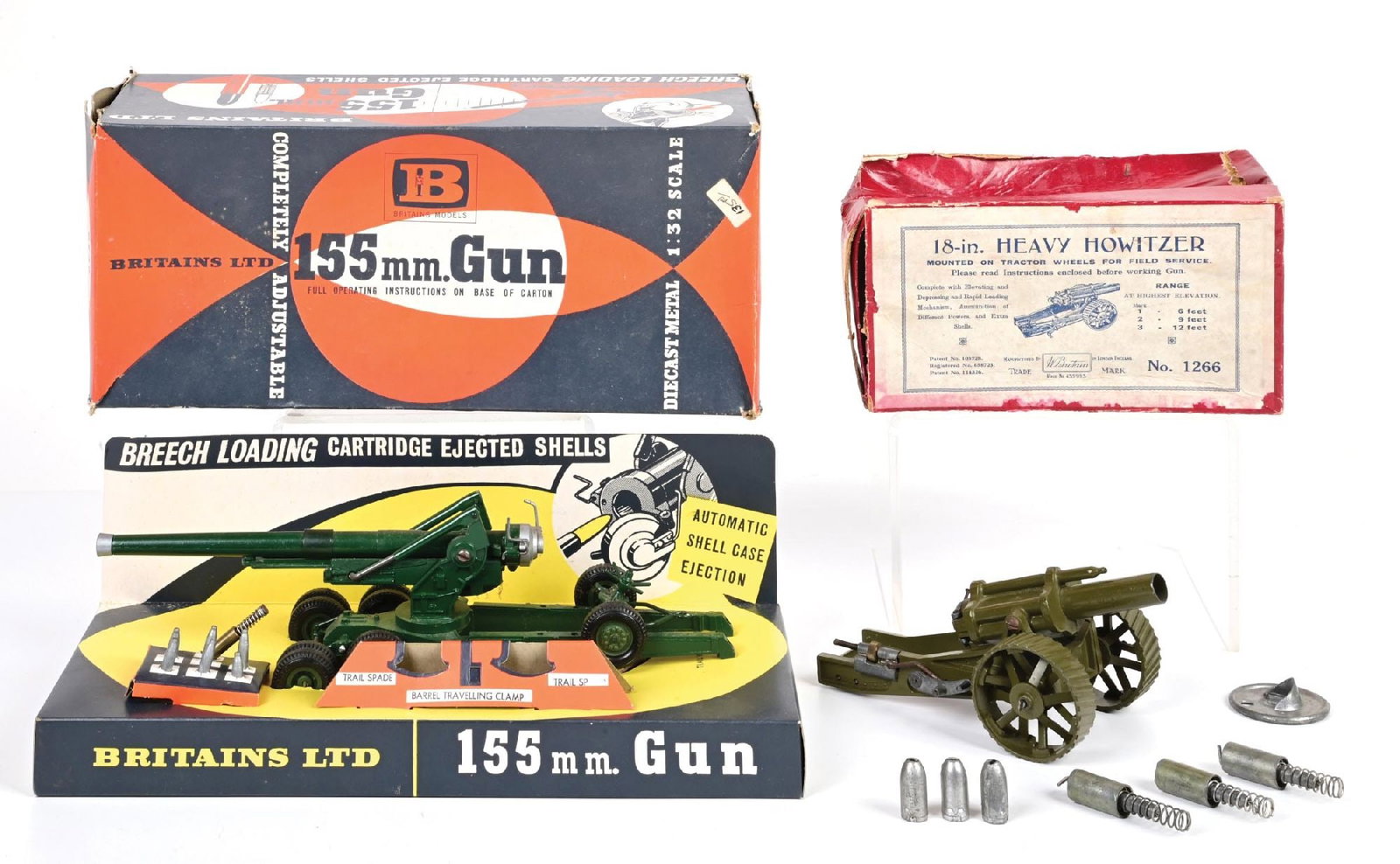 LOT OF 2: W. BRITAINS HEAVY ARTILLERY GUNS: (A) 18-in. Heavy Howitzer No. 1266. Includes instructions, loader, and 3 complete shells. Box is worn. (B) 155MM Gun No. 9745, with breech-loading cartridge and ejected shells. With inserts and shells