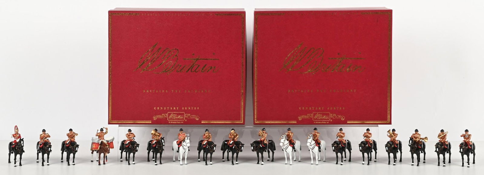 LOT OF 2: W. BRITAINS MOUNTED LIFEGUARD BAND: Lifeguard Full Dress Band No. 73 and No. 74, At the Halt, never removed from inner packing. With boxes. 18 pieces total. Condition: Dimensions: Each: 12 -1/2" x 10 - 1/2" x 4 - 3/4".