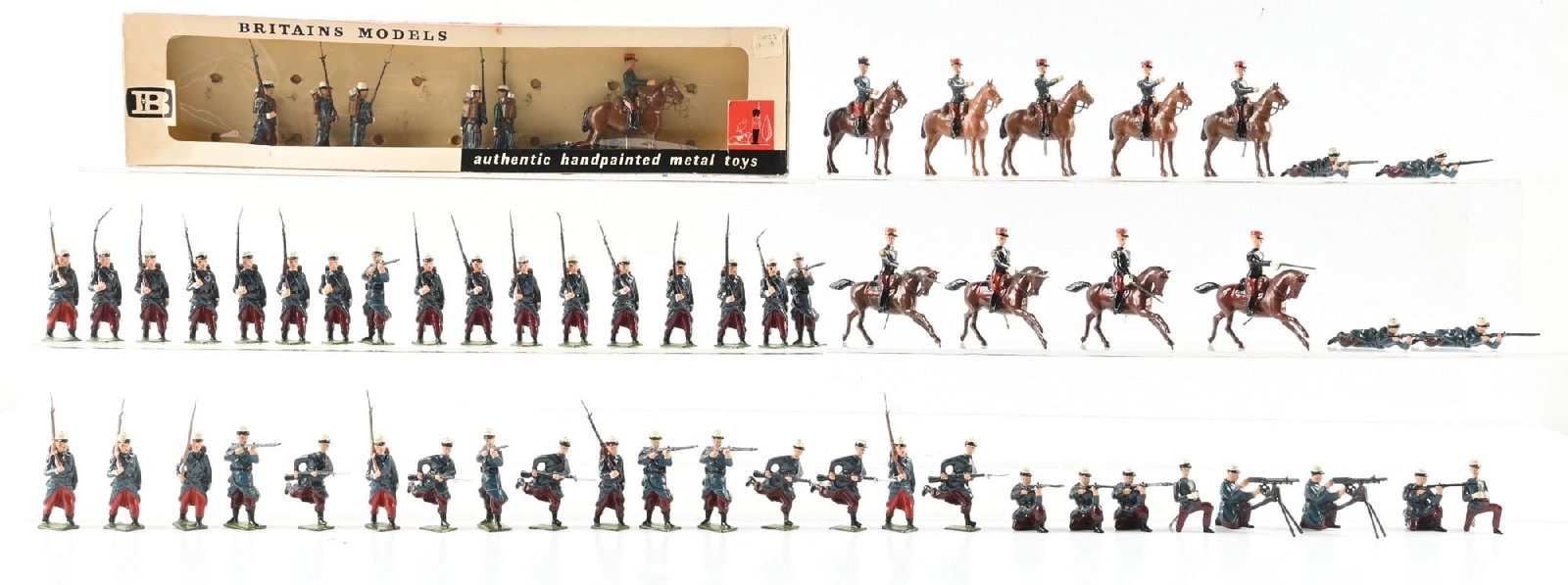 W. BRITAIN'S FRENCH ARMY LOOSE FIGURES: French Army soldiers, 27 marching, 10 mounted officers, 23 in action. 60 pieces total. Condition: Dimensions: Largest: 16 - 1/2" x 4" x 1 - 1/4".