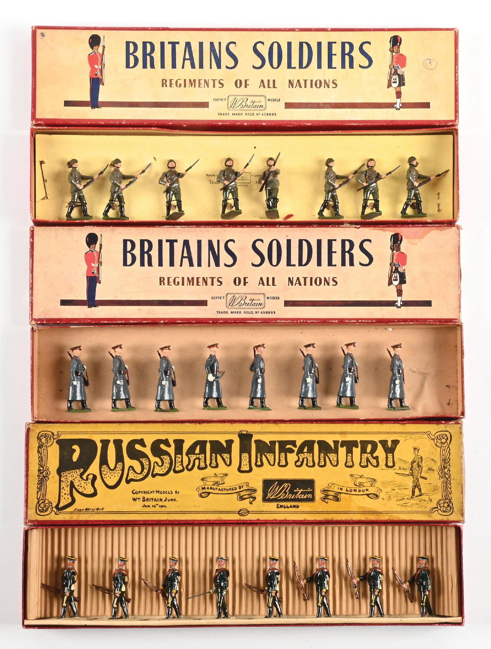 LOT OF 3: W. BRITAINS SETS IN BOXES: (A) Russian Infantry No. 2032 with steel helmets, marching at present. Loose in box, excellent condition. 8 pieces. (B) Russian Red Guard Infantry No. 2027 marching, slung arms, with officer. Loose in
