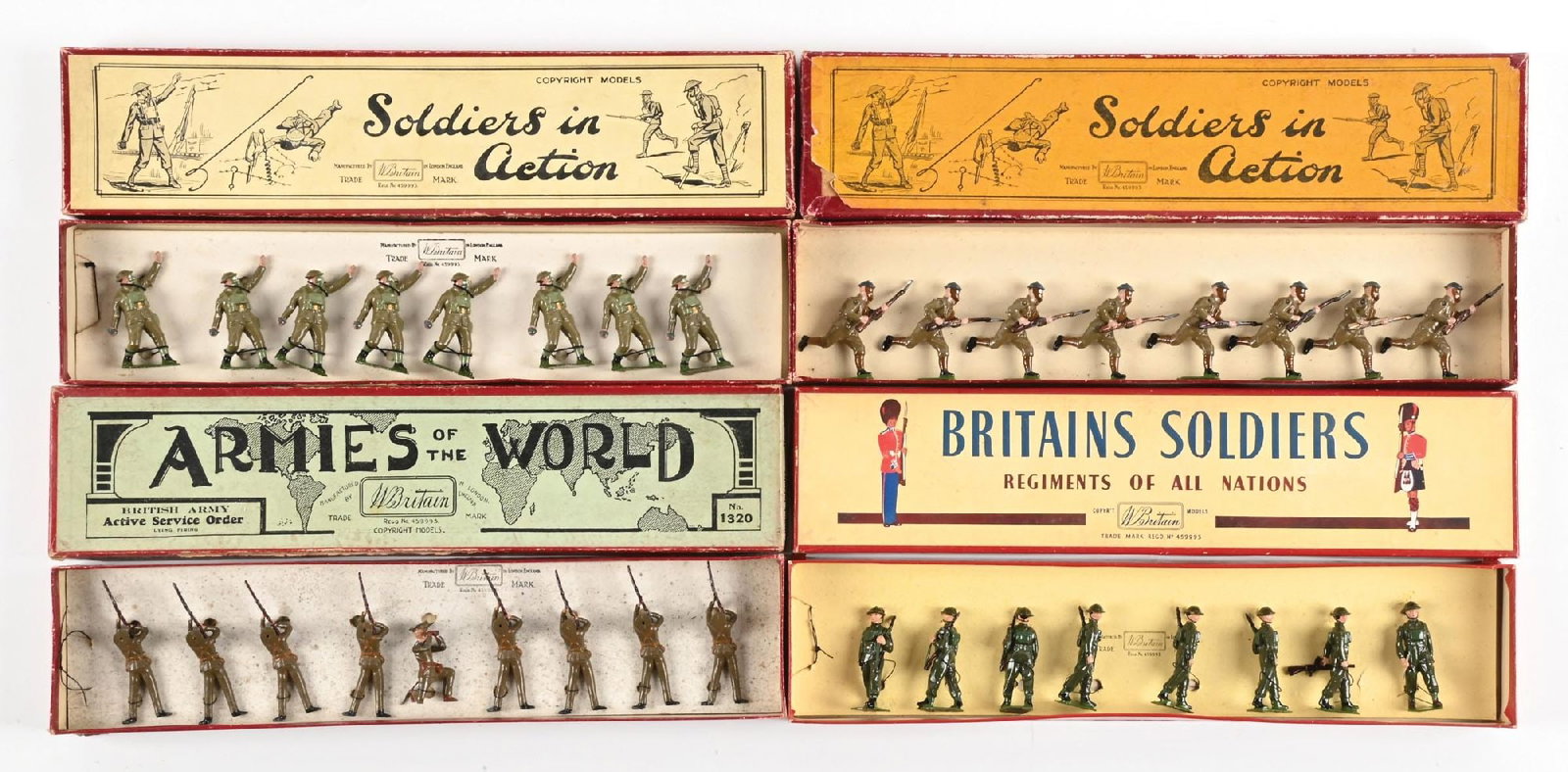LOT OF 4: W BRITAINS SETS IN BOXES: (A) British Infantry Bomb Throwers No. 1612 in action with gas masks. Re-tied in box. Excellent figures and box. 8 pieces. (B) British Infantry No. 1613 in action, running with gas masks. No tie card,