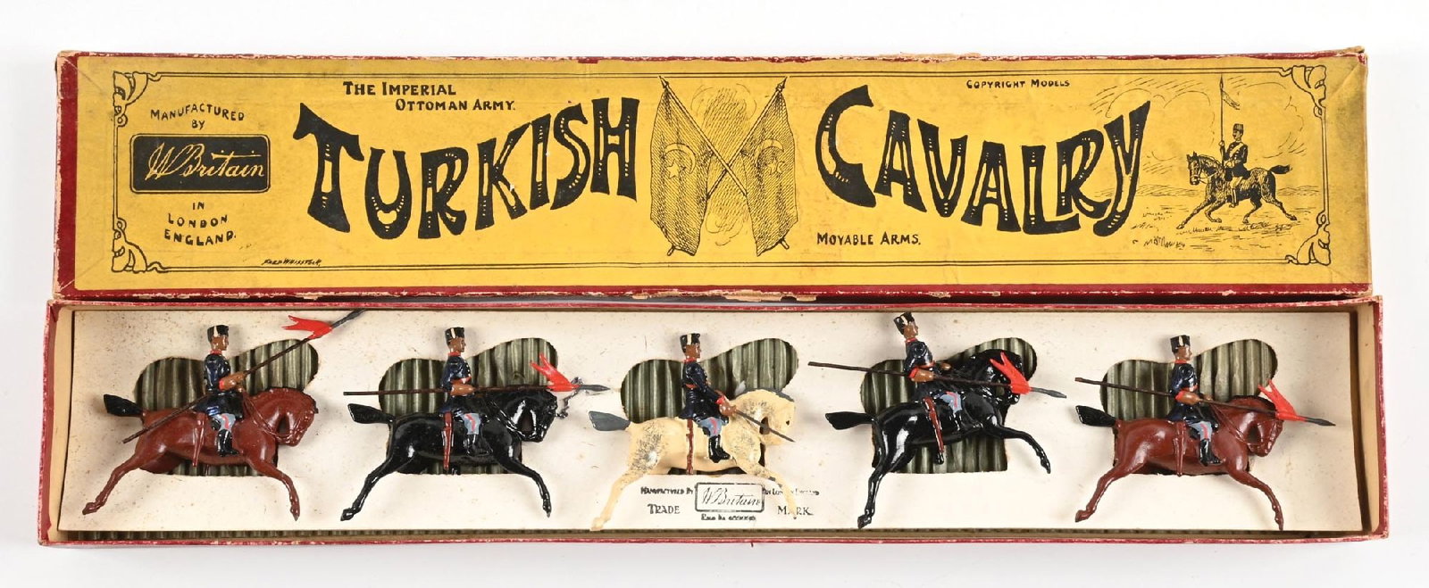 W. BRITAIN TURKISH CAVALRY NO. 71 SET IN BOX: Prewar. Original insert card. Excellent condition figures and box. 5 pieces. Condition: Dimensions: Box: 18" x 3 - 1/2" x 1 - 1/4".