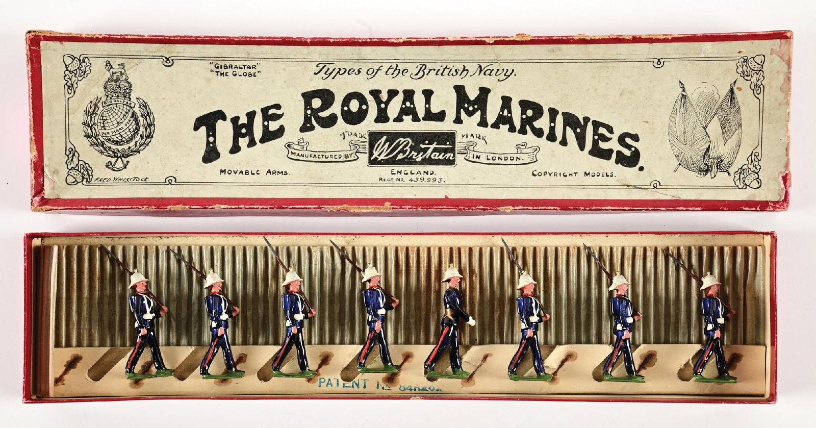 PRE-WAR W. BRITAINS THE ROYAL MARINES MARCHING WITH OFFICER AND FULL PACK SET NO. 35 IN BOX: With slot card and inner packing. Worn box. Mint figures. 8 pieces. Condition: Dimensions: Box: 14 - 7/8" x 3 - 1/2" x 1 - 1/4".