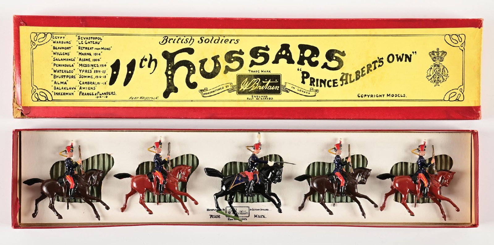 PRE-WAR W. BRITAINS 11TH HUSSARS "PRINCE ALBERT'S OWN" AT THE GALLOP SET NO. 12 W/ BOX: With carbines. Original slot card. 5 pieces. Condition: Dimensions: Box: 18 - 1/4" x 4" x 1 -1/4".