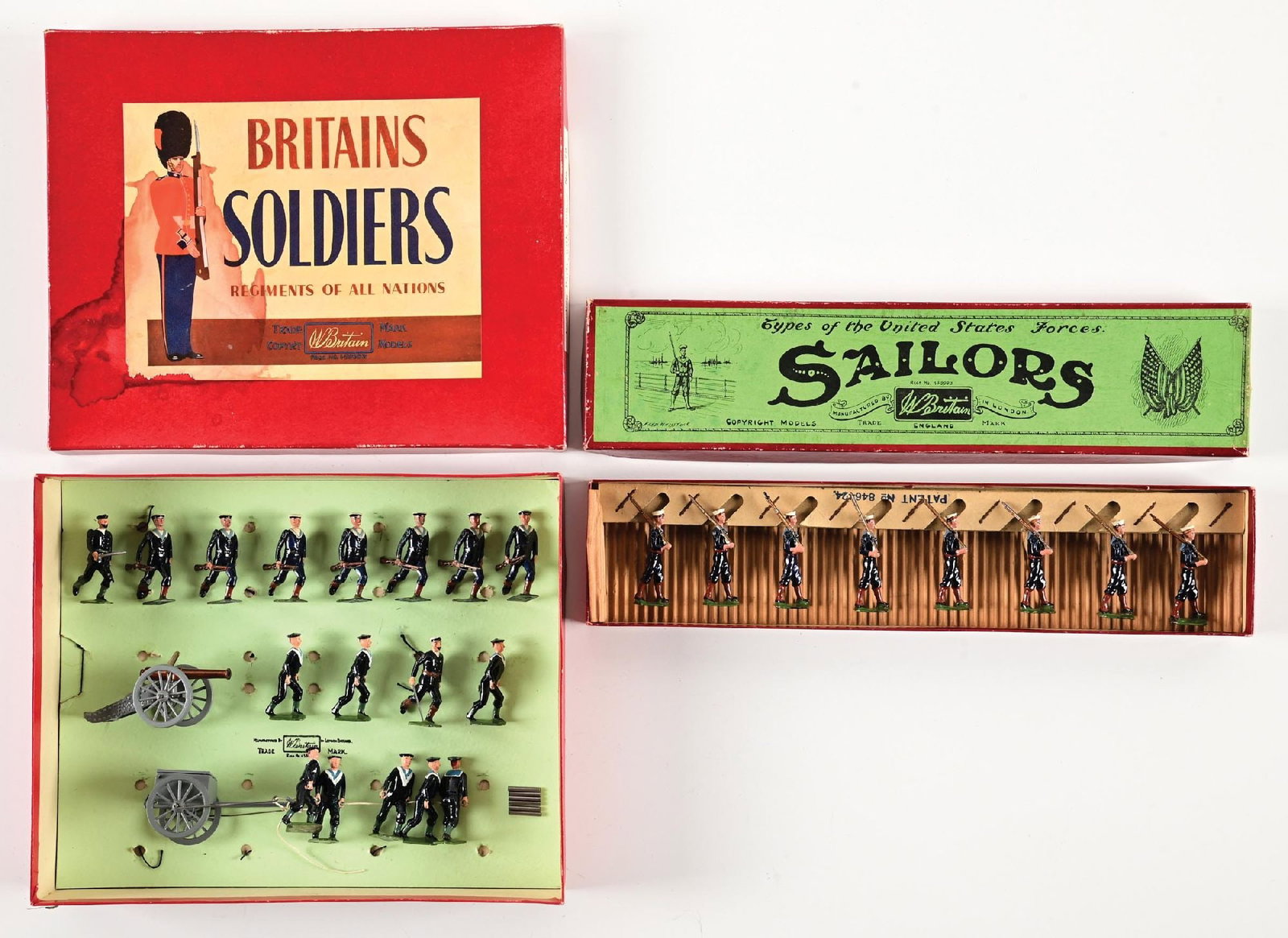 LOT OF 2: W. BRITAINS SETS IN BOXES: (A) U.S. Sailors Navy Bluejackets Marching Shoulder Arms No. 230. With original slot card and insert. Excellent condition figures and box. 8 pieces. (B) British Naval Landing Party with Gun and Limber