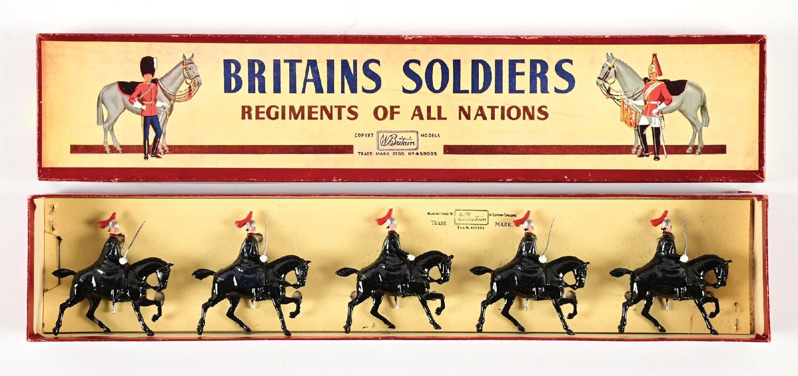 W. BRITAIN THE ROYAL HORSE GUARDS (THE BLUES) WINTER CORPS SET NO. 1343 IN BOX: Original tied in box. 5 pieces. Condition: Dimensions: Box: 18 - 1/4" x 3 - 3/4" x 1 - 1/4".