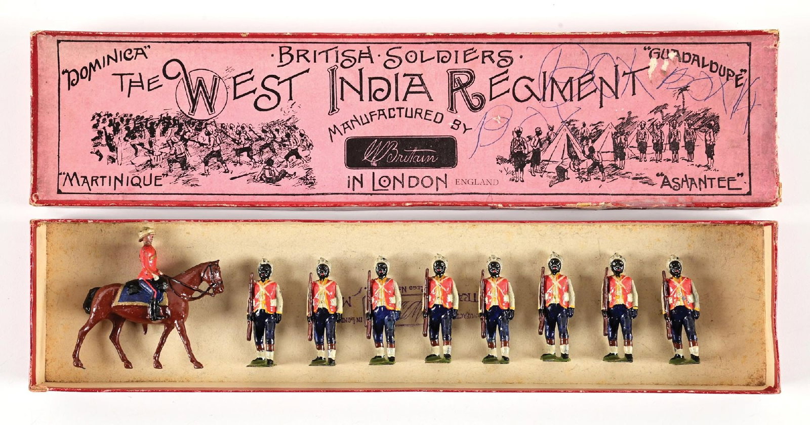 W. BRITAINS THE WEST INDIA REGIMENT ASHANTEE SET NO. 19 IN BOX: 8 Marching with 1 Mounted at the Walk Officer. 9 pieces. Condition: Dimensions: Box: 14 - 3/4" x 3 - 1/2" x 1 - 1/4".