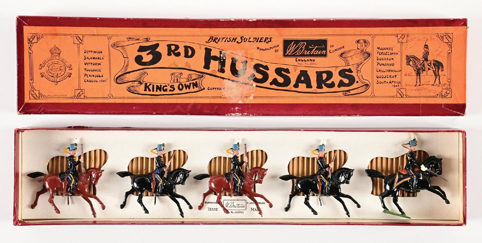 W. BRITAINS KING'S OWN 3RD HUSSARS SET NO. 13 W/ BOX: Galloping with carbines. Missing 1 plume. 5 pieces. Condition: Dimensions: Box: 18" x 4" x 1 - 1/4".
