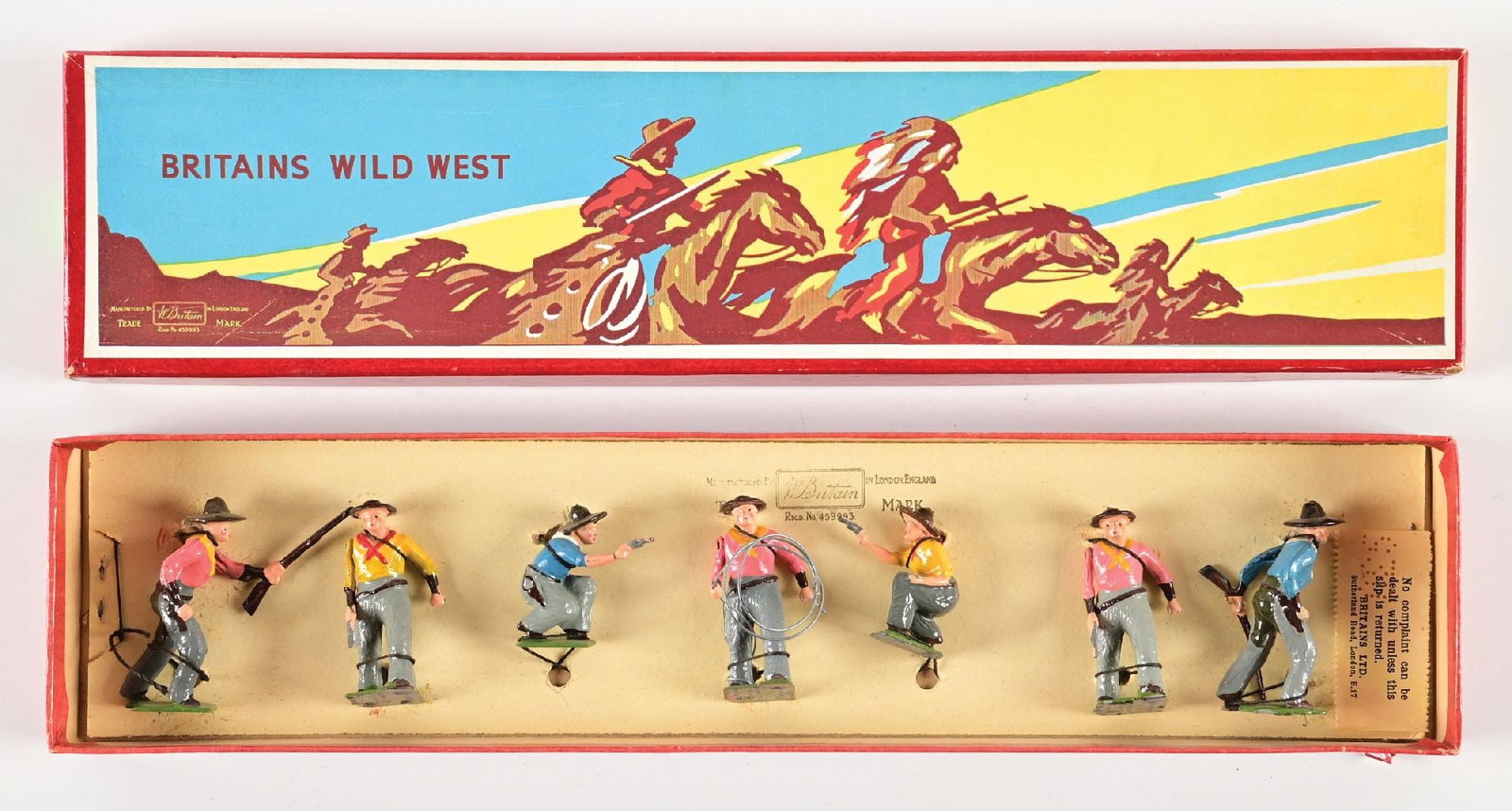 W. BRITAINS WILD WEST COWBOYS SET NO. 183 IN BOX: Mint tied in original box. 7 pieces. Condition: Dimensions: Box: 14 - 3/4" x 3 - 1/2" x 1 - 1/4".