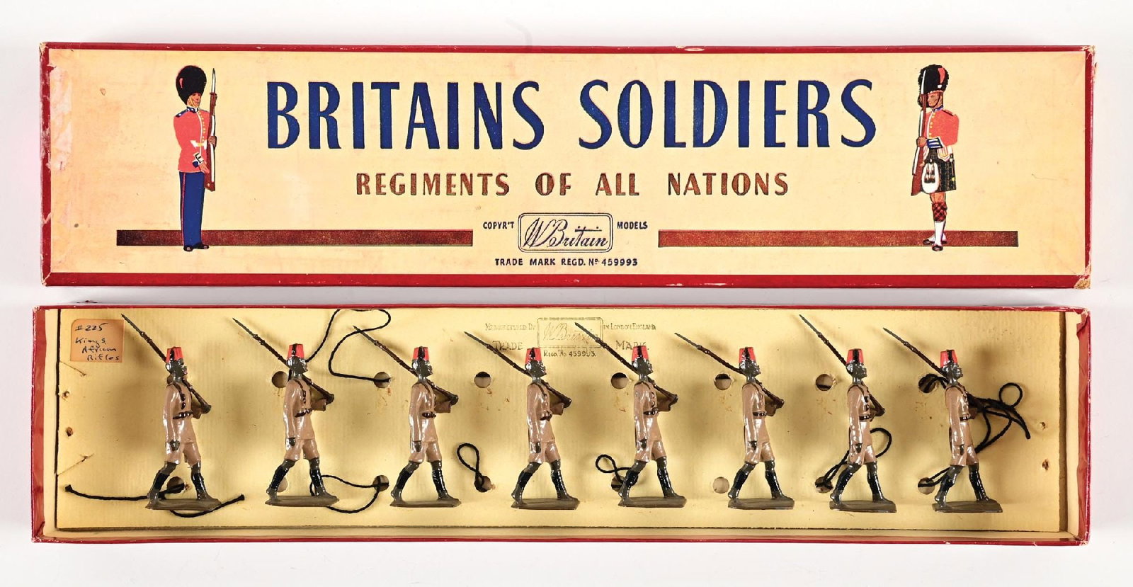 W. BRITAINS THE KINGS AFRICAN RIFLES MARCHING SHOULDER ARMS SET NO. 225 IN BOX: Loose in box. 8 pieces. Condition: Dimensions: Box: 14 - 3/4" x 3 - 1/2" x 1 - 1/4".