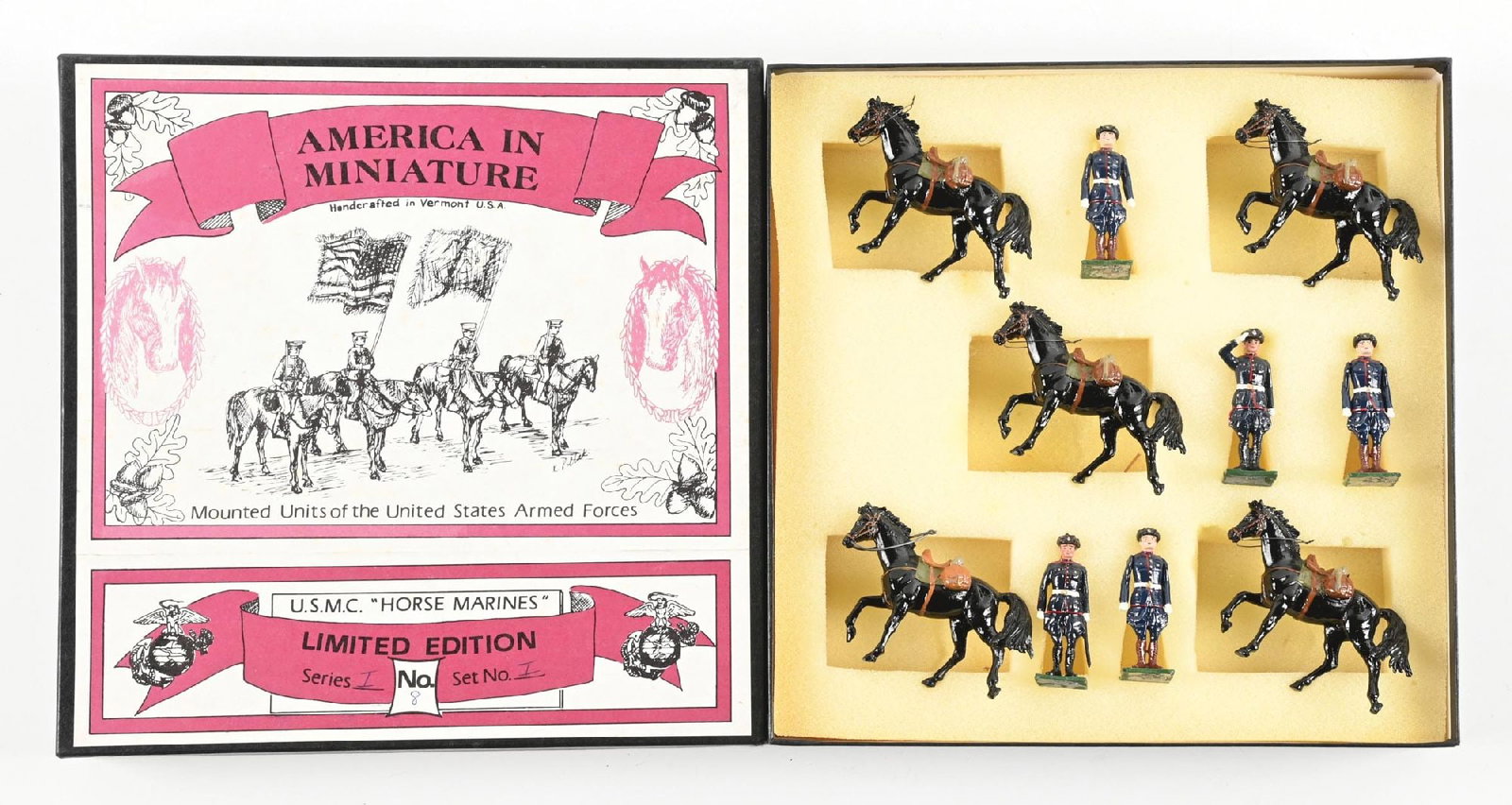 AMERICA IN MINIATURE U.S.M.C. "HORSE MARINES" SET IN ORIGINAL BOX: Series 1, Set No. 1, No. 8. Excellent with original packaging. 10 pieces. Condition: Dimensions: Box: 10 - 1/4" x 10 - 1/4" x 2 - 1/8".