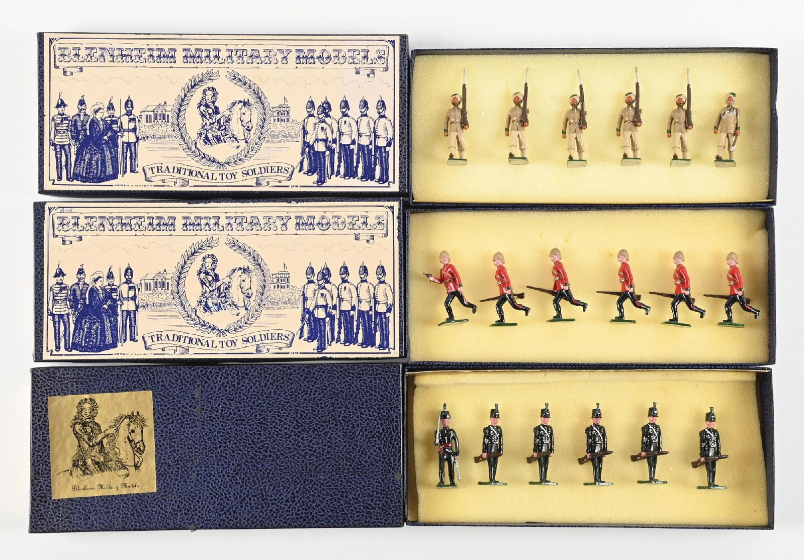 LOT OF 3: BLENHEIM MILITARY MODELS ASSORTMENT: (A) 20th Punjab Infantry 1879 No. B67. 6 pieces. (B) 24th Foot 1879 No. B11. 6 pieces. (C) Rifle Brigade 1815 No. B9. 6 pieces. 18 pieces total. Condition: Dimensions: Each Box: 11 - 1/4" x 5" x 1 - 1