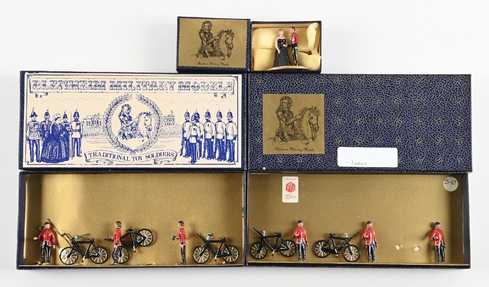 LOT OF 3: BLENHEIM MILITARY MODELS SETS IN BOXES: (A) The Royal Engagement Charles & Diana Duplex No. RE1. (B) Two sets The Blackwatch Cyclist Company 1892. 6 pieces each. 13 pieces total. Condition: Dimensions: Largest: 11 - 1/4" x 5" x 1 - 1/4".