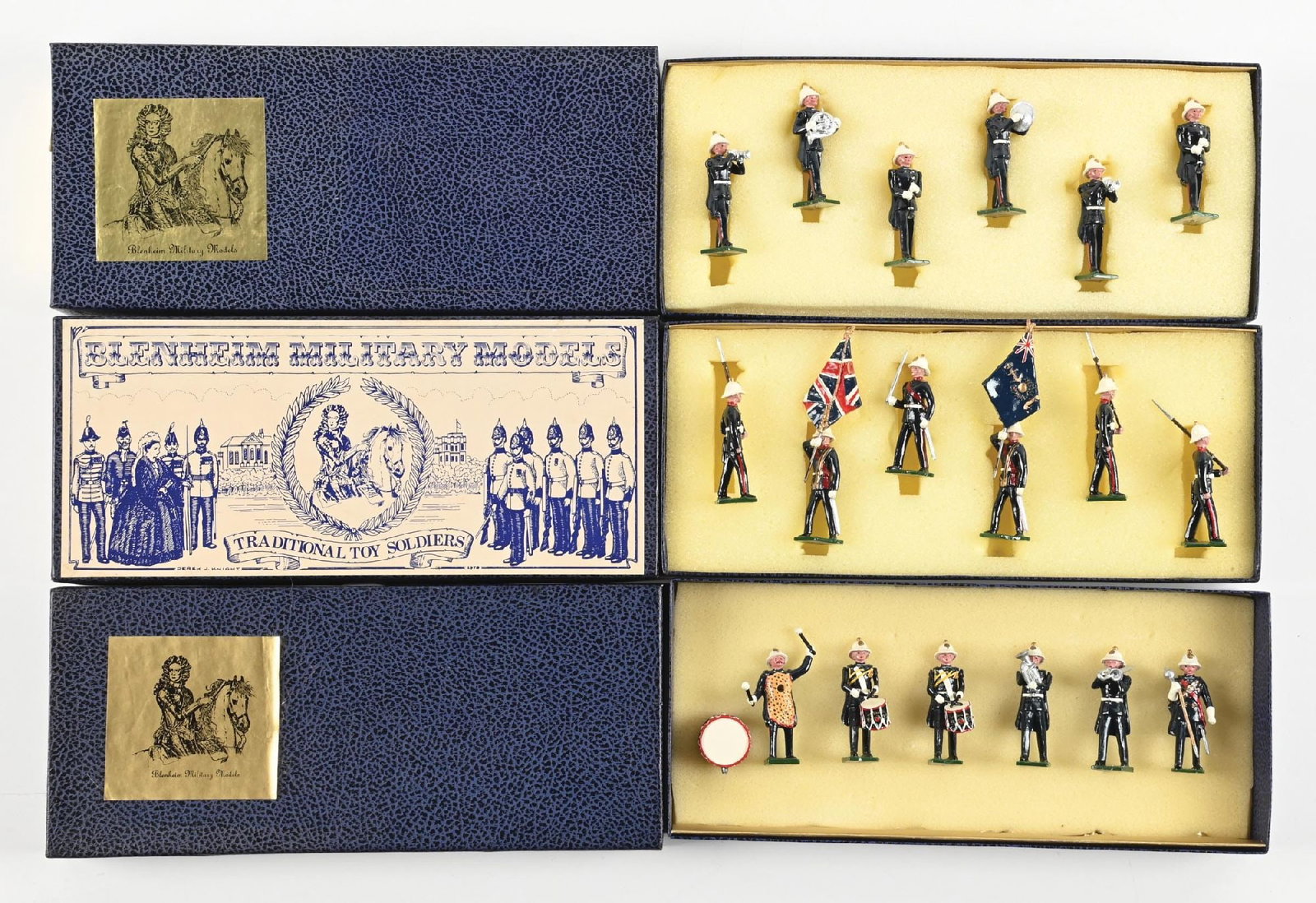 LOT OF 3: BLENHEIM SETS IN BOXES: (A) Two Royal Marine Band B47. 6 pieces each. (B) Royal Marines Colors B15. 6 pieces. 18 pieces total. Condition: Dimensions: Each Box: 11 - 1/4" x 5" x 1 - 1/4".