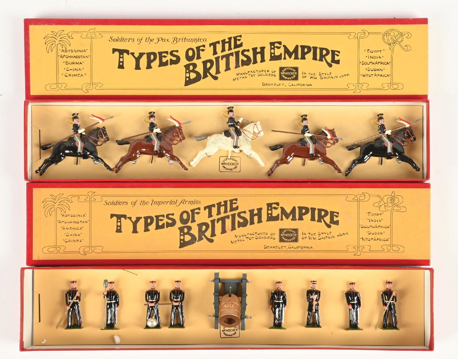 LOT OF 2: WM HOCKER TYPES OF THE BRITISH EMPIRE 17TH LANCERS & ROYAL ARTILLERY SETS IN BOXES: (A) 17th Lancers No. 42. Tied in box. 5 pieces. (B) Royal Artillery 13 in. Mortar No. 45. 9 pieces. 14 pieces total. Condition: Dimensions: Largest Box: 18 - 1/4" x 3 - 3/4" x 2".