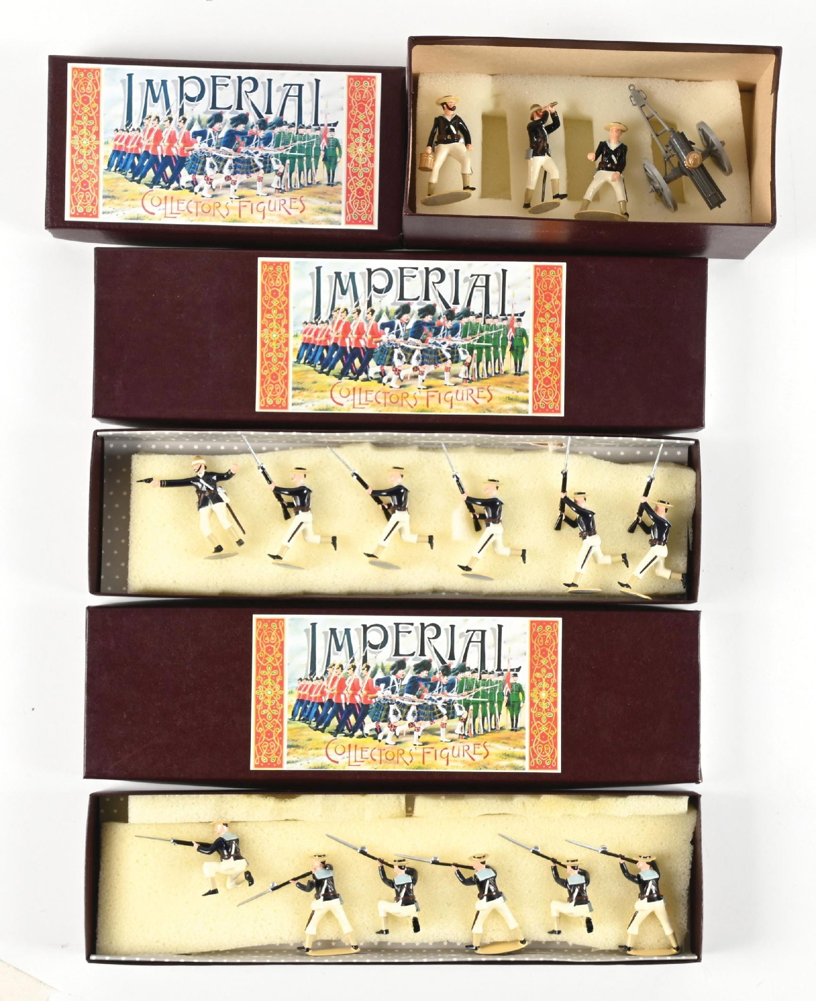LOT OF 3: IMPERIAL PRODUCTIONS NAVY: (A) Naval Gatling Gun with Crew No. 55. 4 pieces. (B) Two sets Naval Brigade No. 57. 6 pieces each. All loose in box. 16 pieces total. Condition: Dimensions: Largest Box: 7 - 3/4" x 3 - 3/4" x 4 - 1/2
