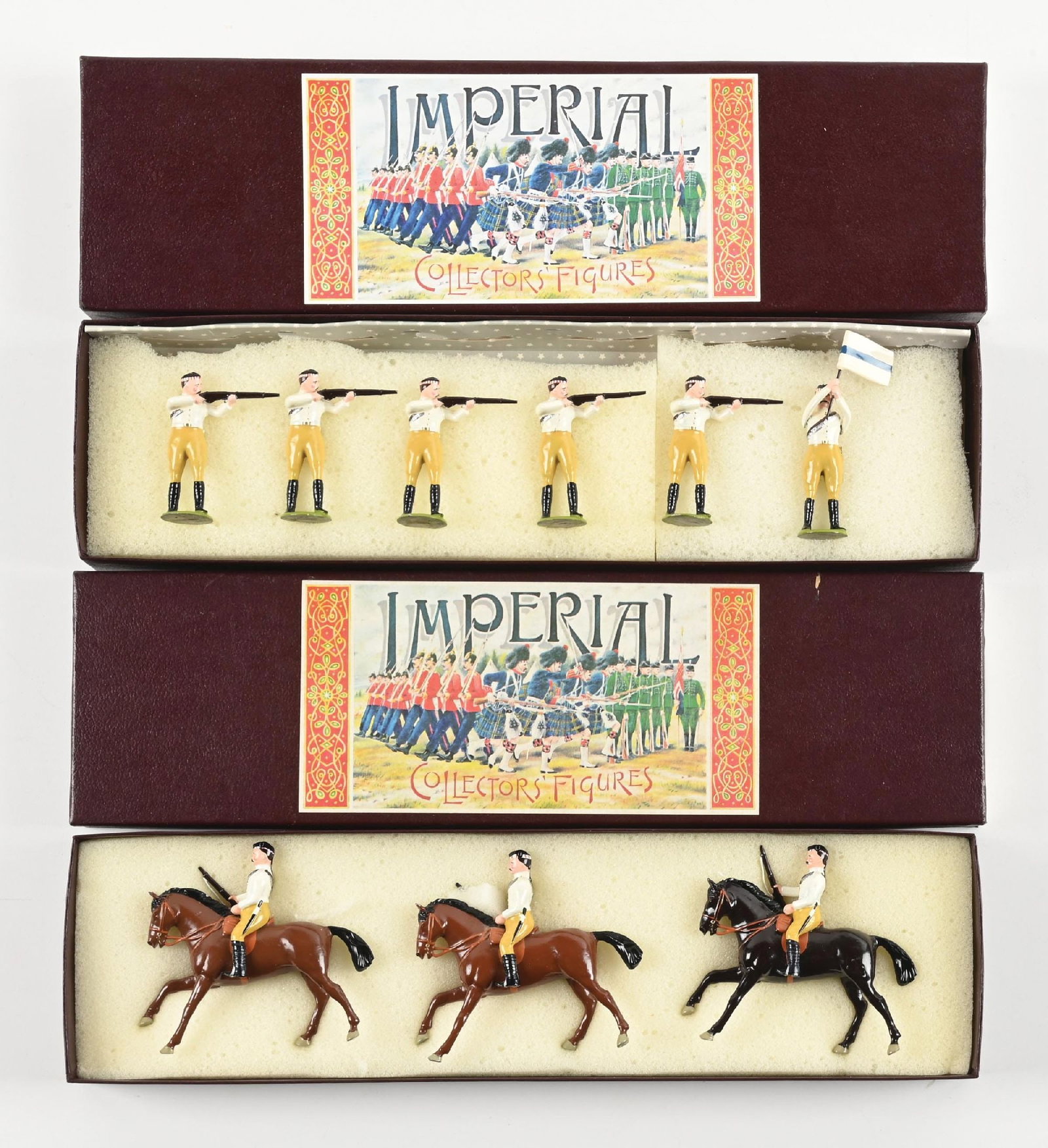 LOT OF 2: IMPERIAL PRODUCTIONS THE HIGHLAND MOUNTED INFANTRY: (A) Highland Mounted Infantry (Dismounted) 1896 No. 15. 6 pieces. (B) The Highland Mounted Infantry No. 17. 3 pieces. 9 pieces total. Condition: Dimensions: Each Box: 13 - 1/4" x 3 - 3/4" x 1 - 3/8".