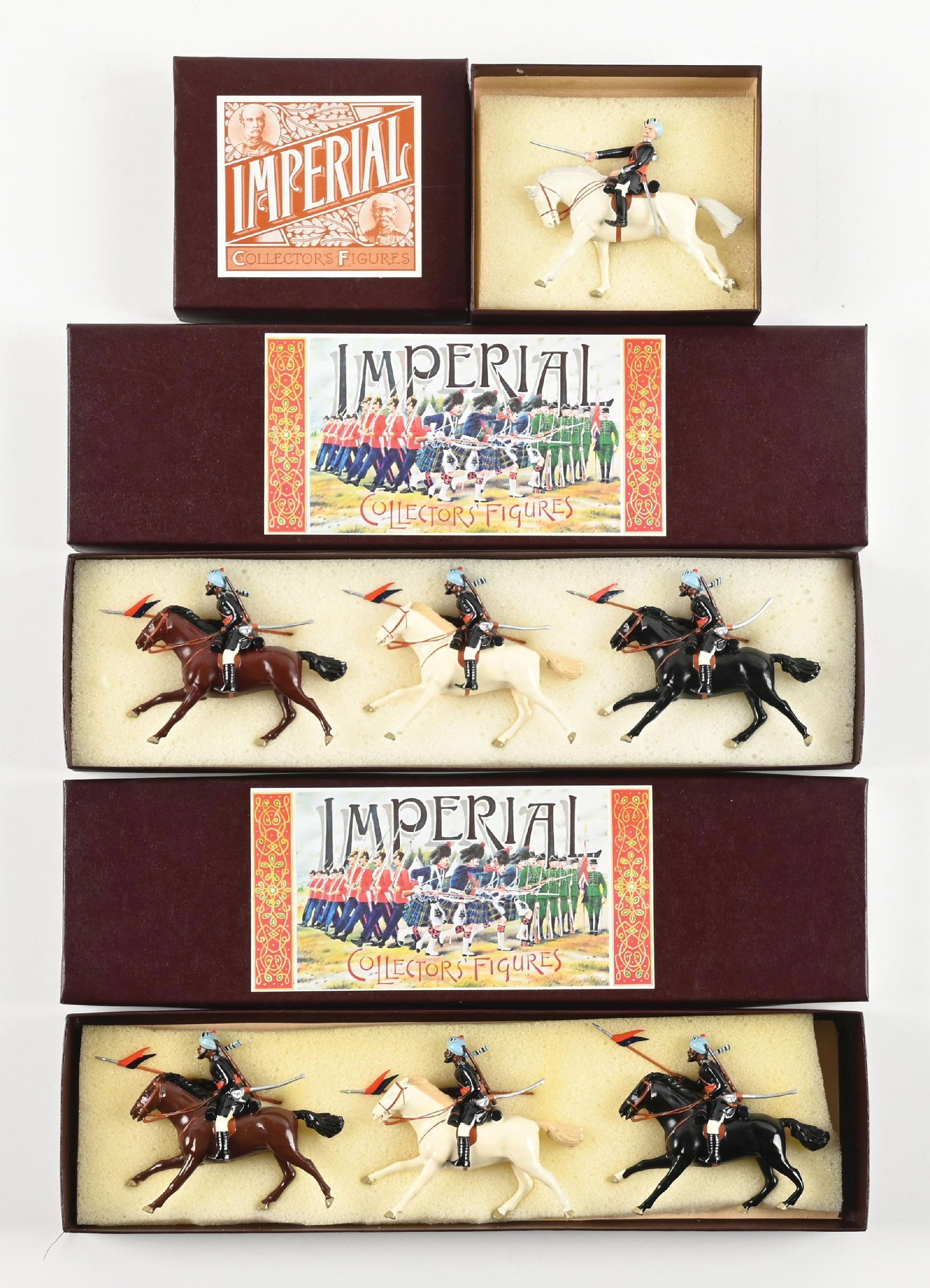LOT OF 3: IMPERIAL PRODUCTIONS TEL-EL-KABIR: (A) 13th Bengal Lancers Officer No. 51. 1 piece. (B) Two sets 13th Bengal Lancers No. 50. All loose in box. 3 pieces each. 7 pieces total. Condition: Dimensions: Largest Box: 13 - 1/4" x 3 - 3/4" x 1 