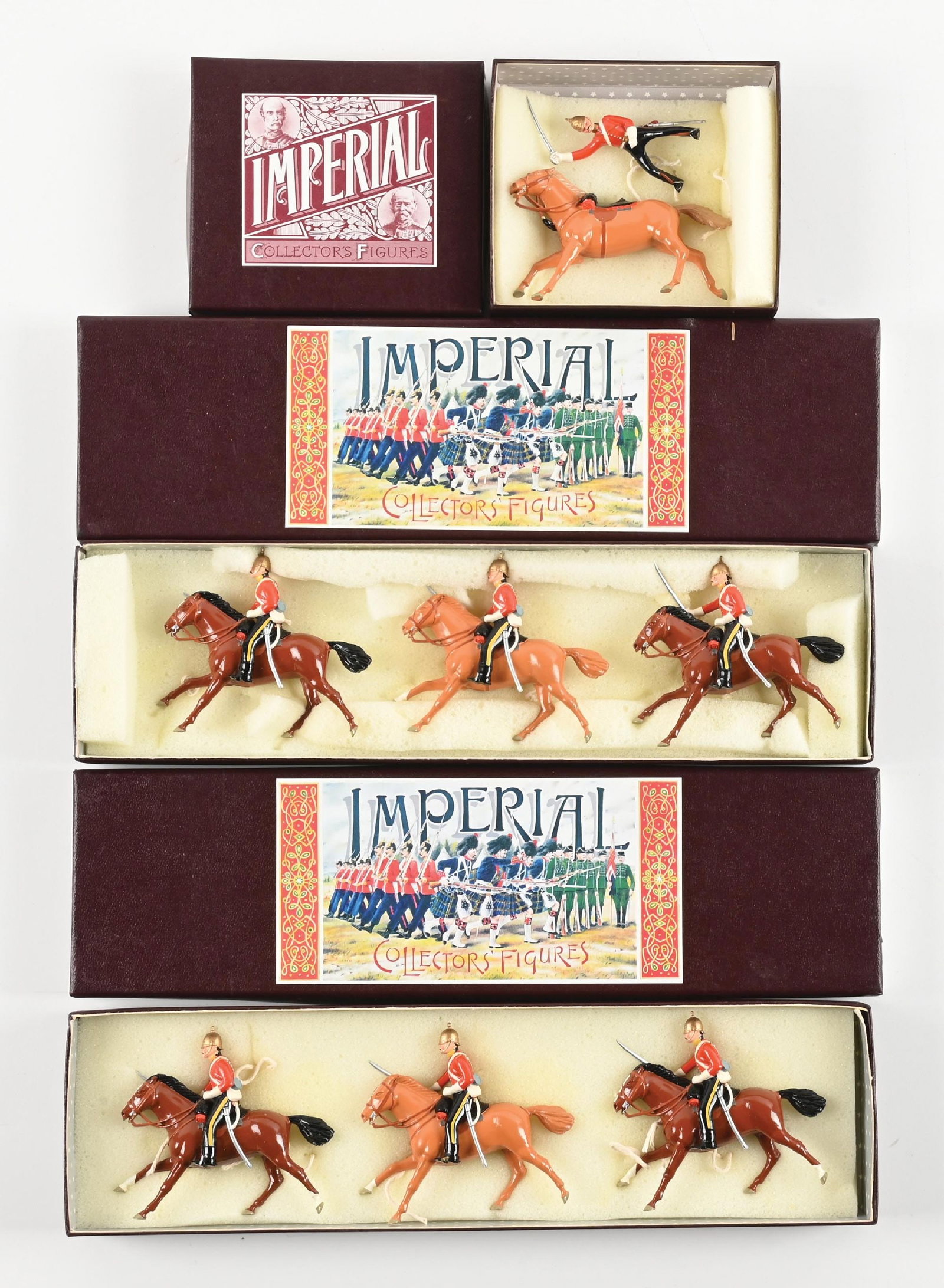LOT OF 3: IMPERIAL PRODUCTIONS CRIMEAN WAR: (A) Two sets 1st Dragoon Guards No. 68. 3 pieces each. (B) 1st Dragoon Guards Officer No. 69. 1 piece. 7 pieces total. Condition: Dimensions: Largest Box: 13 - 1/4" x 3 - 3/4" x 1 - 3/8".
