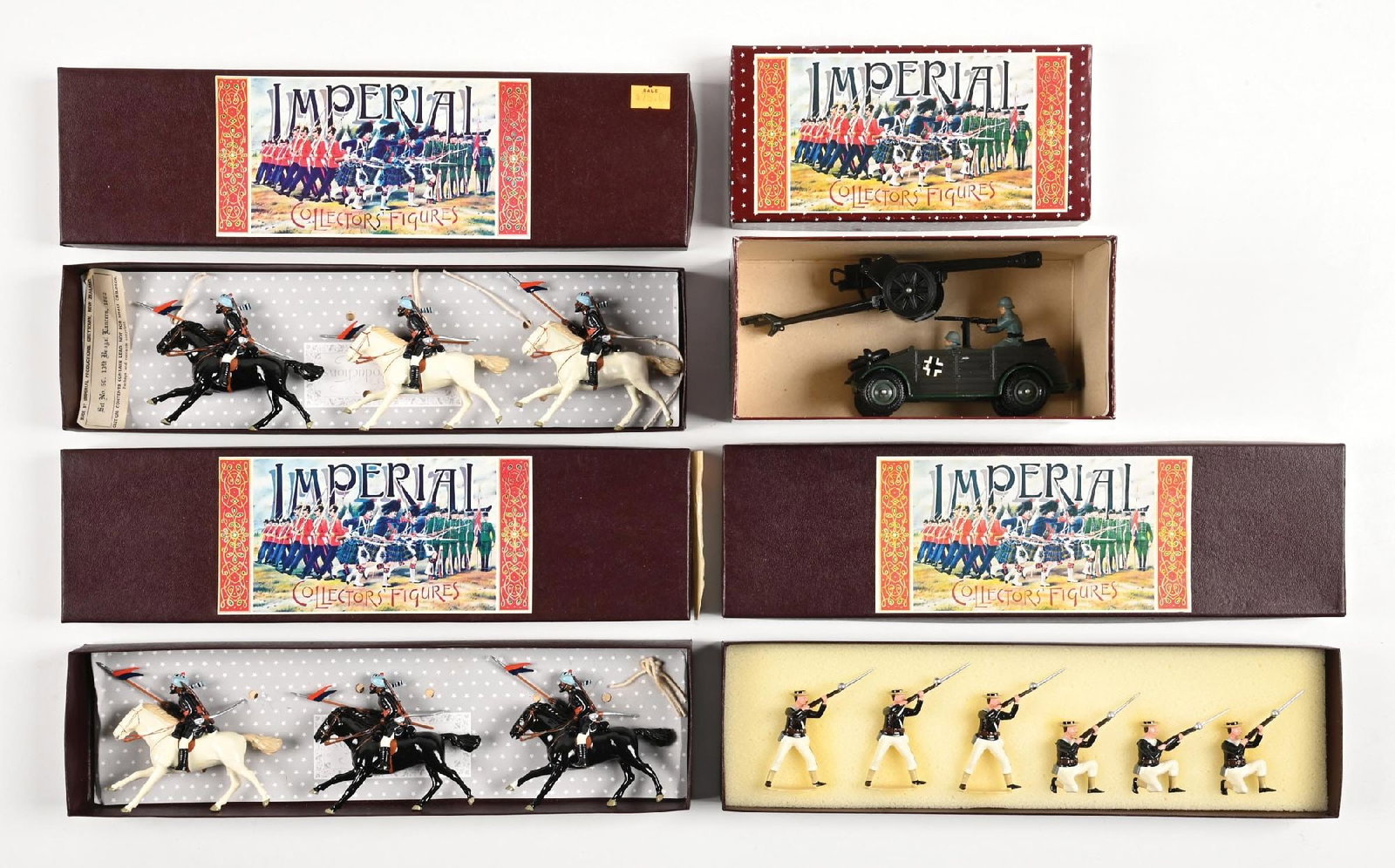 LOT OF 4: IMPERIAL PRODUCTIONS NEW ZEALAND: (A) Naval Brigade Advancing 1882 No. 58. 6 pieces. (B) Two sets 13th Bengal Lancers 1888 No. 50. Loose in box. 3 pieces each. (C) Deetail German Field Cannon and Kubelwagen. Incorrect box. 2 pieces. 1