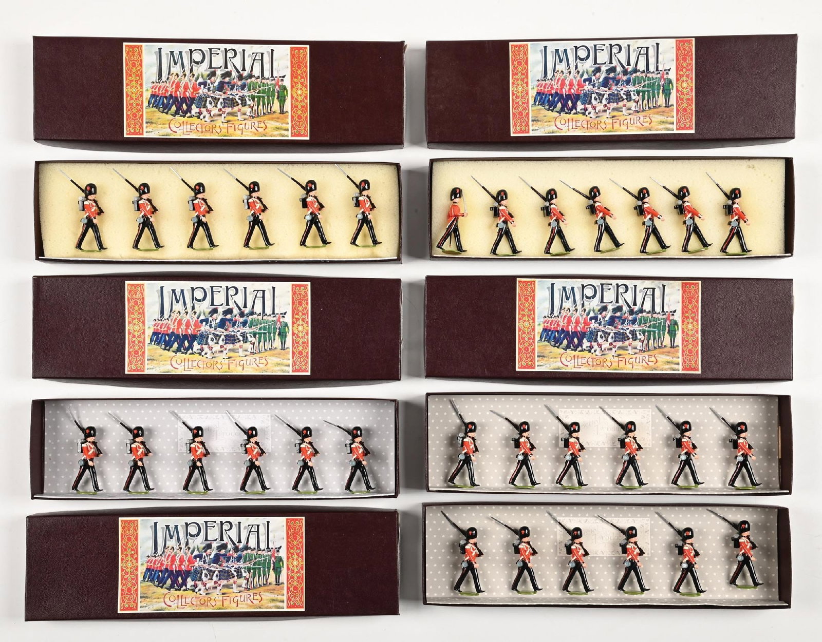 LOT OF 5: IMPERIAL PRODUCTIONS COLDSTREAM GUARDS: Lot consists of five sets Coldstream Guards Marching Shoulder Arms 1854 No. 65. 6 pieces each. 30 pieces total. Condition: Dimensions: Each Box: 13 - 1/4" x 3 - 3/4" x 1 - 1/2".