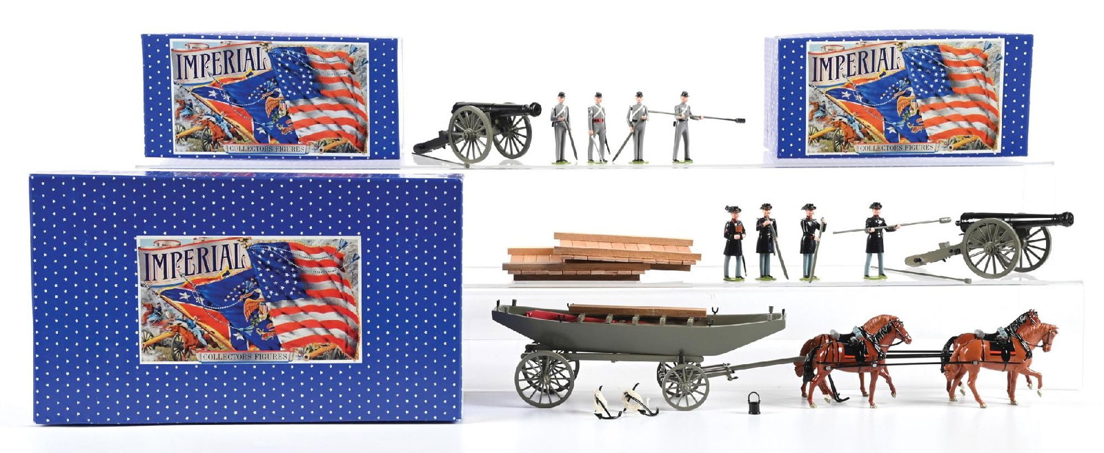 LOT OF 3: IMPERIAL TOY SOLDIER SETS IN ORIGINAL BOXES: (A) No. 12 Union Heavy Artillery, 24 Pounder Siege Gun & 4 Man Crew. 5 pieces. (B) No. 13 Citadel Cadets, S. Carolina, 24 Pounder Siege Gun & 4 Man Crew. 5 pieces. (C) No. 14 Pontoon & Wagon. United S