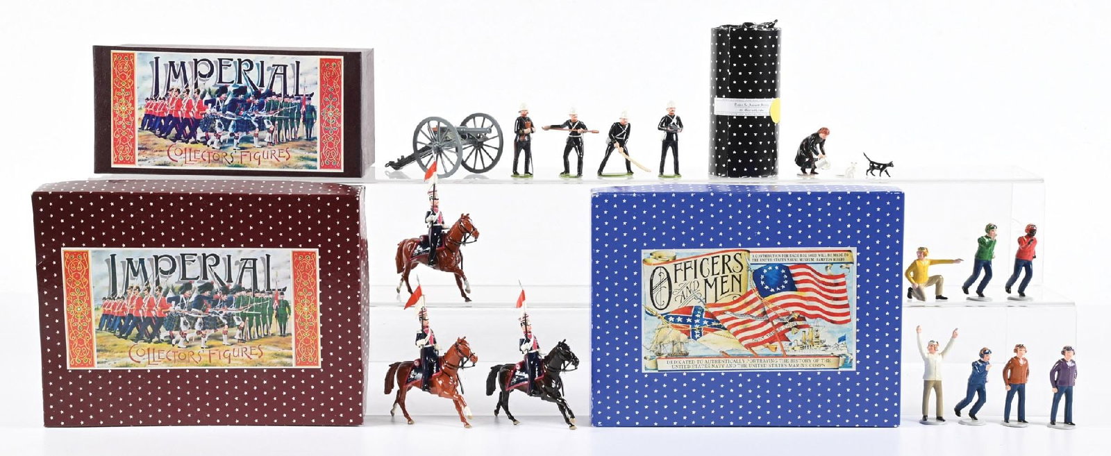 LOT OF 4: IMPERIAL ASSORTED SETS IN BOXES: (A) Town & Around Series 21 Girl with cats. 3 pieces. (B) Zulu War 54th Regiment Cannon and Crew. 5 pieces. (C) Napoleonic Lancers. 1 loose pennant. (D) Present Day Carrier Deck Crew. Condition: Dimen