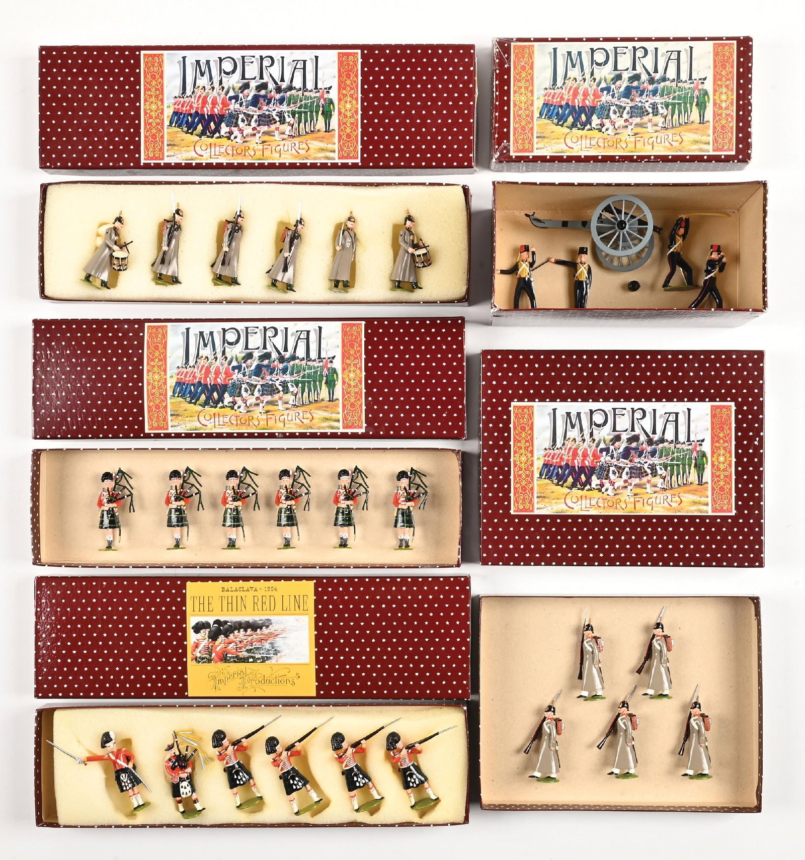 LOT OF 5: IMPERIAL CRIMEAN WAR SETS IN BOXES: (A) No. 83 Royal Horse Artillery. Poorly-repaired box top. 5 pieces. (B) No. 80 The Thin Red Line with piper. 6 pieces. (C) No. 84A Russian Line Infantry with drummer. 6 pieces. (D) No. 81A Band, Came
