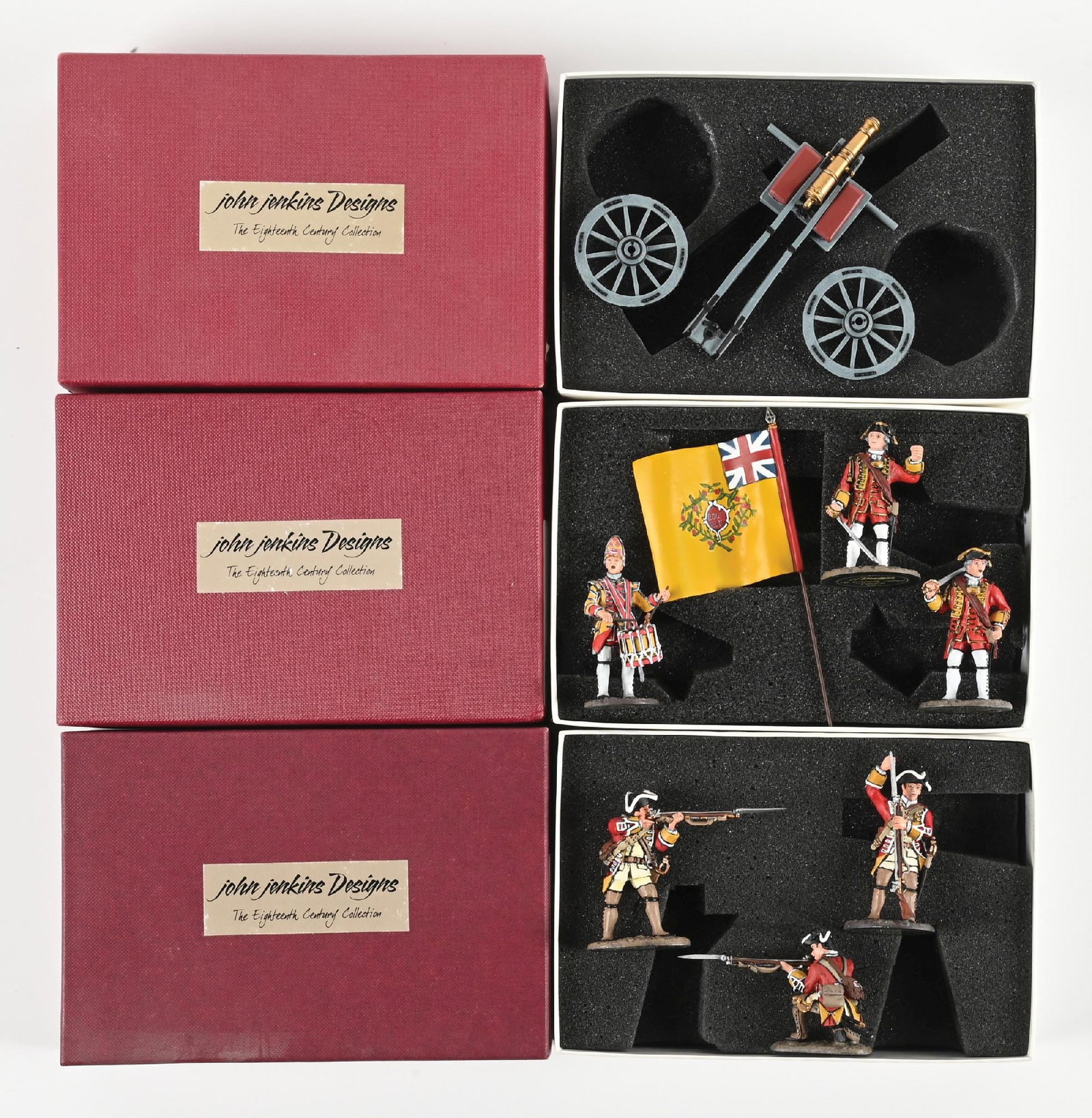 LOT OF 3: JOHN JENKINS DESIGNS THE BATTLE OF MONONGAHELA: Includes Sets BM-02, BM-03 and a British Artillery Cannon. 10 pieces total. Condition: Dimensions: Each: 7 - 3/4" x 5 - 1/2" x 2 -1/2".