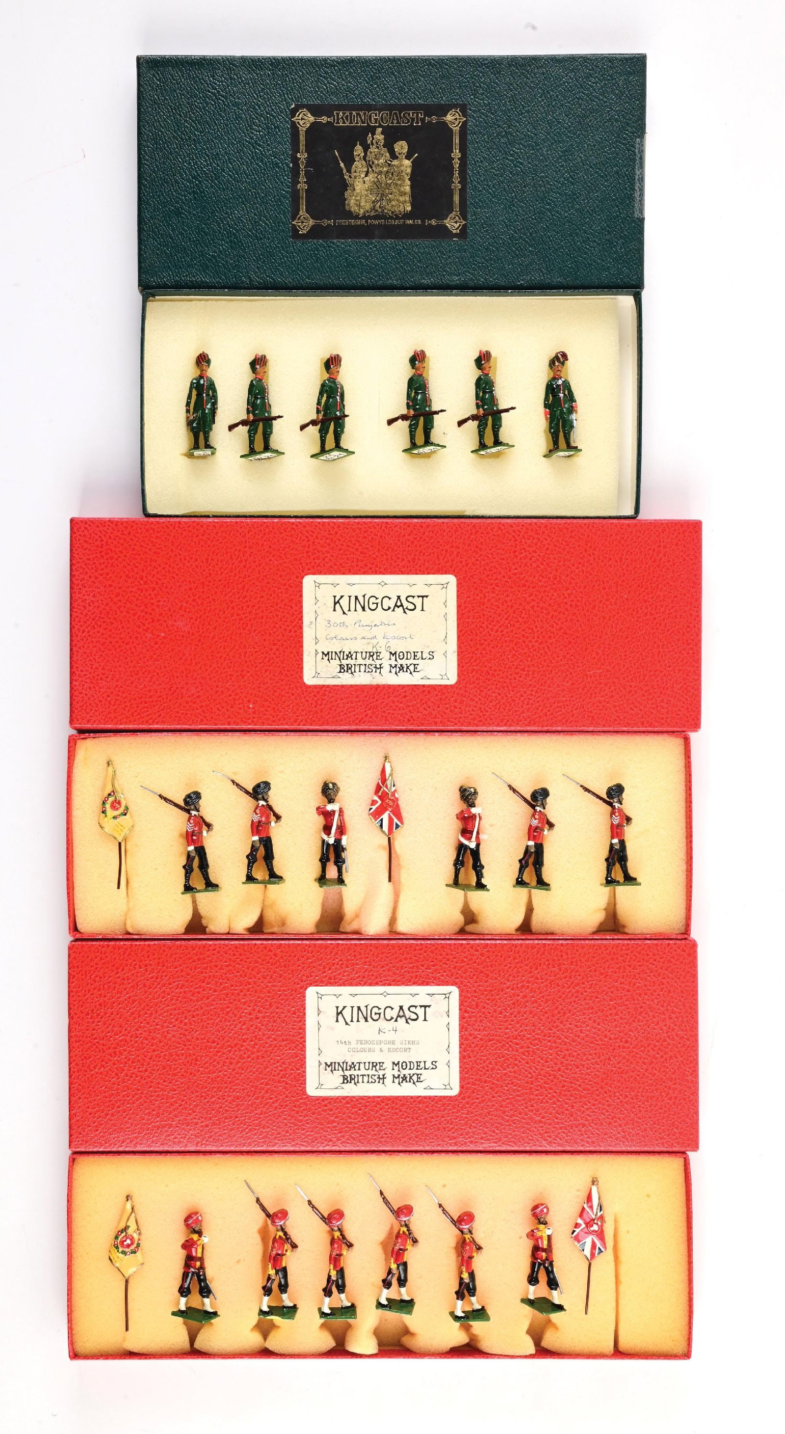 LOT OF 3: KINGCAST INDIAN ARMY: (A) Indian Army Marching at the Trail with Officer No. BA24. 6 pieces. (B) 30th Punjab Colours and Escort No. K6. 6 pieces. (C) 14th Ferozepore Sikhs Colour Party and Escourt No. K4. 6 pieces. 18 piec