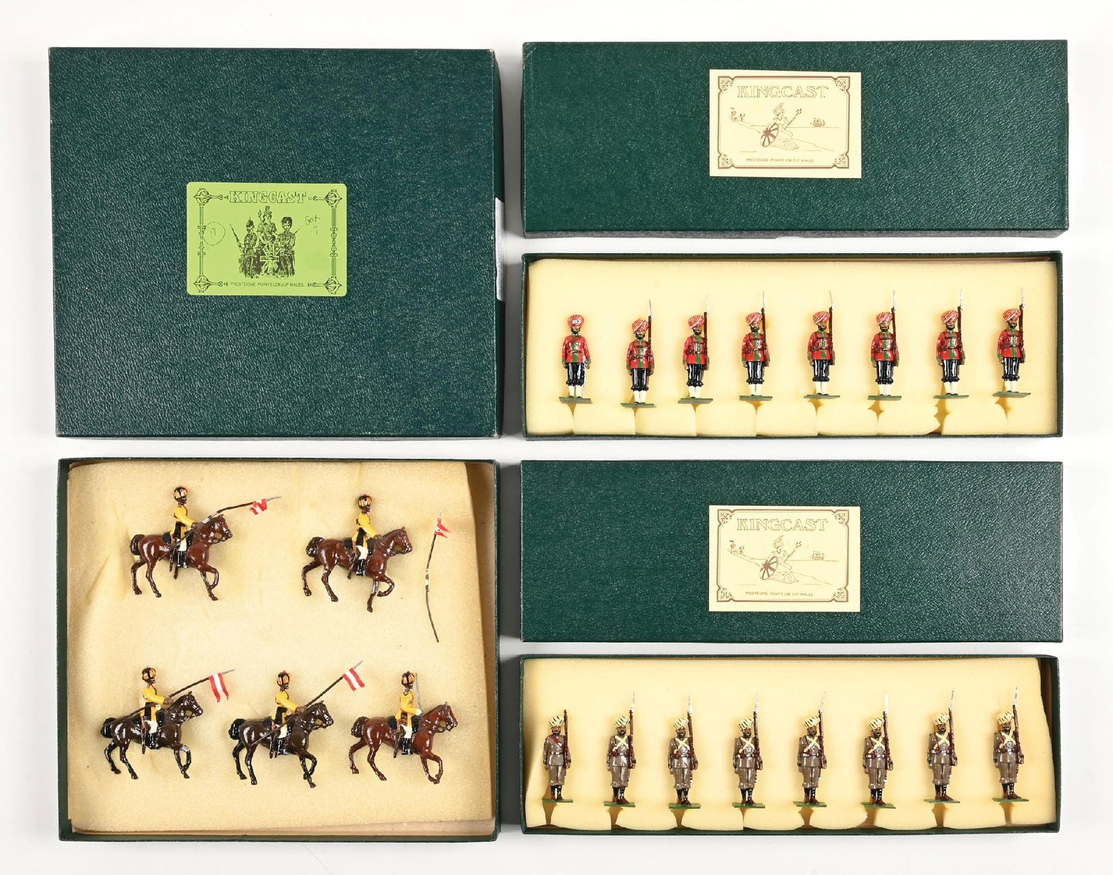 LOT OF 3: KINGCAST TOY SOLDIER SETS IN ORIGINAL BOXES: (A) Skinners Horse, 1900. 1 damaged with lance detached. 5 pieces. (B) No. K-38 15th Ludhiana Sikhs. 8 pieces. (C) No. K2 2nd Punjab Infantry Frontier Force. 8 pieces. 21 pieces total. Condition: Dime