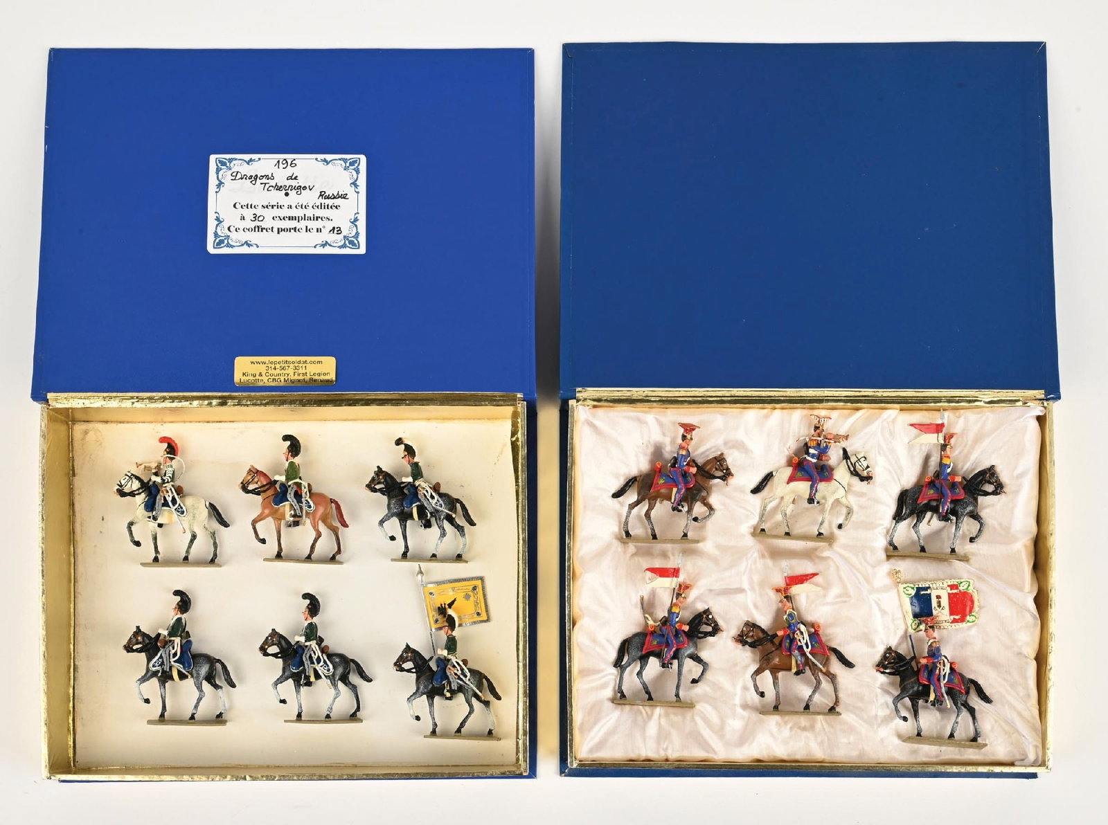 LOT OF 2: LUCOTTE SETS IN BOXES: (A) Lanciers Polonaise Jeune Garde No. 269. Some paint bubbling on pennants and flags. 6 pieces. (B) Dragoons de Tchernigov No. 196. Loose in box. 6 pieces. Condition: Dimensions: Each Box: 12 - 1/2" 