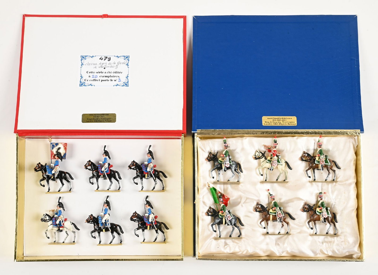 LOT OF 2: LUCOTTE SETS IN BOXES: (A) Limited Edition Legion of Lombard Cavalry No. 252 with Bugler, Standard, and Officer. 6 pieces. (B) Cheval-elgers of the Guard Wartenberg with Bugler, Standard Bearer, and Officer. No insert. Very