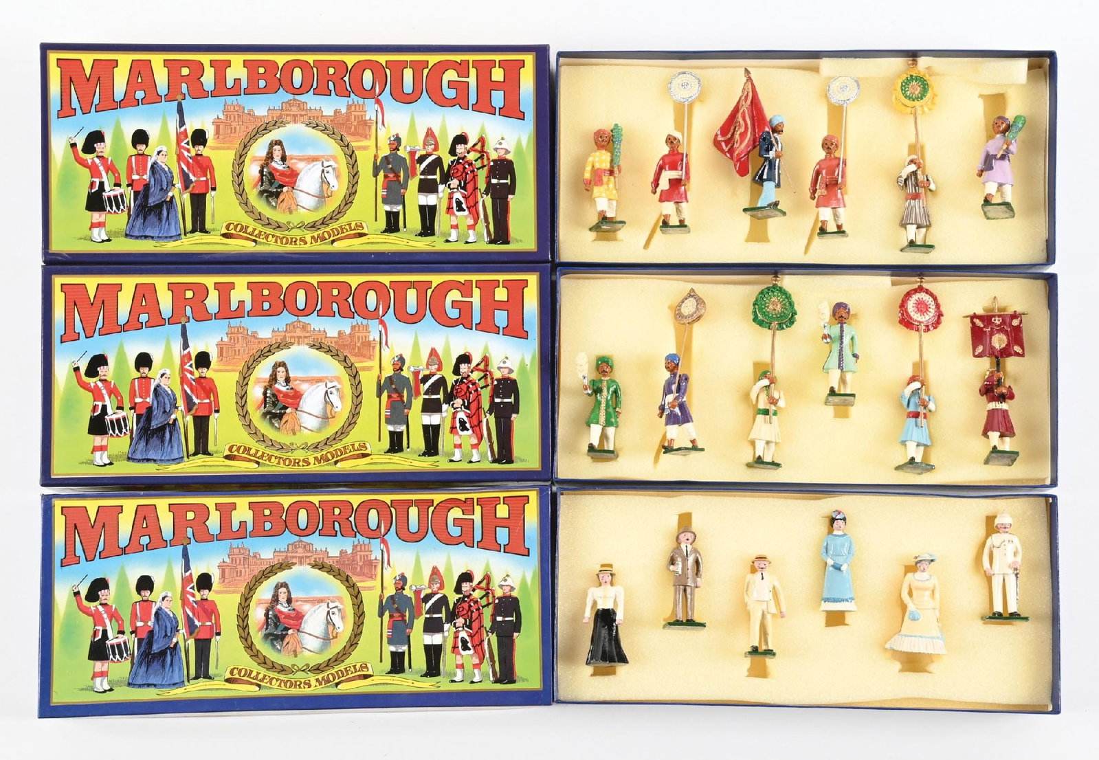 LOT OF 3: MARLBOROUGH DELHI DURBAR: (A) Courtiers No. D15. 6 pieces. (B) Courtiers No. D14. 6 pieces. (C) European Civilians No. D7. 6 pieces. 18 pieces total. Condition: Dimensions: Each Box: 11 - 1/4" x 5" x 2".